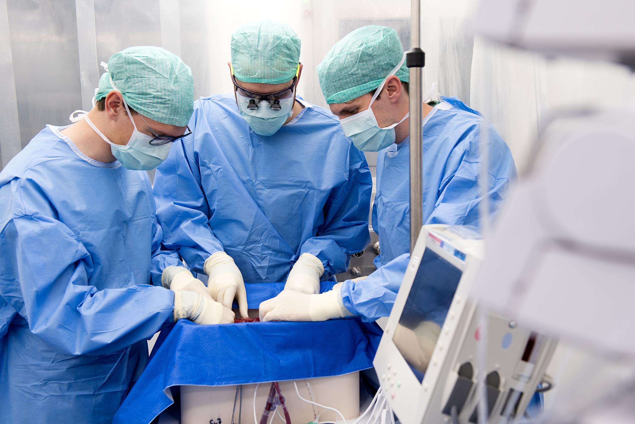 El equipo del Wyss Zurich Translational Cente conecta el hígado del donante a la máquina de perfusión en una sala blanca. (EFE/Imagen cedida por el Hospital Universitario de Zúrich)