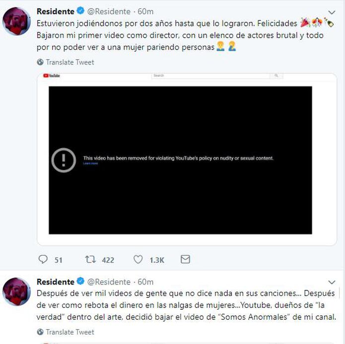 Residente Denuncia Que Youtube Saco El Video De Una De Sus Canciones Primera Hora