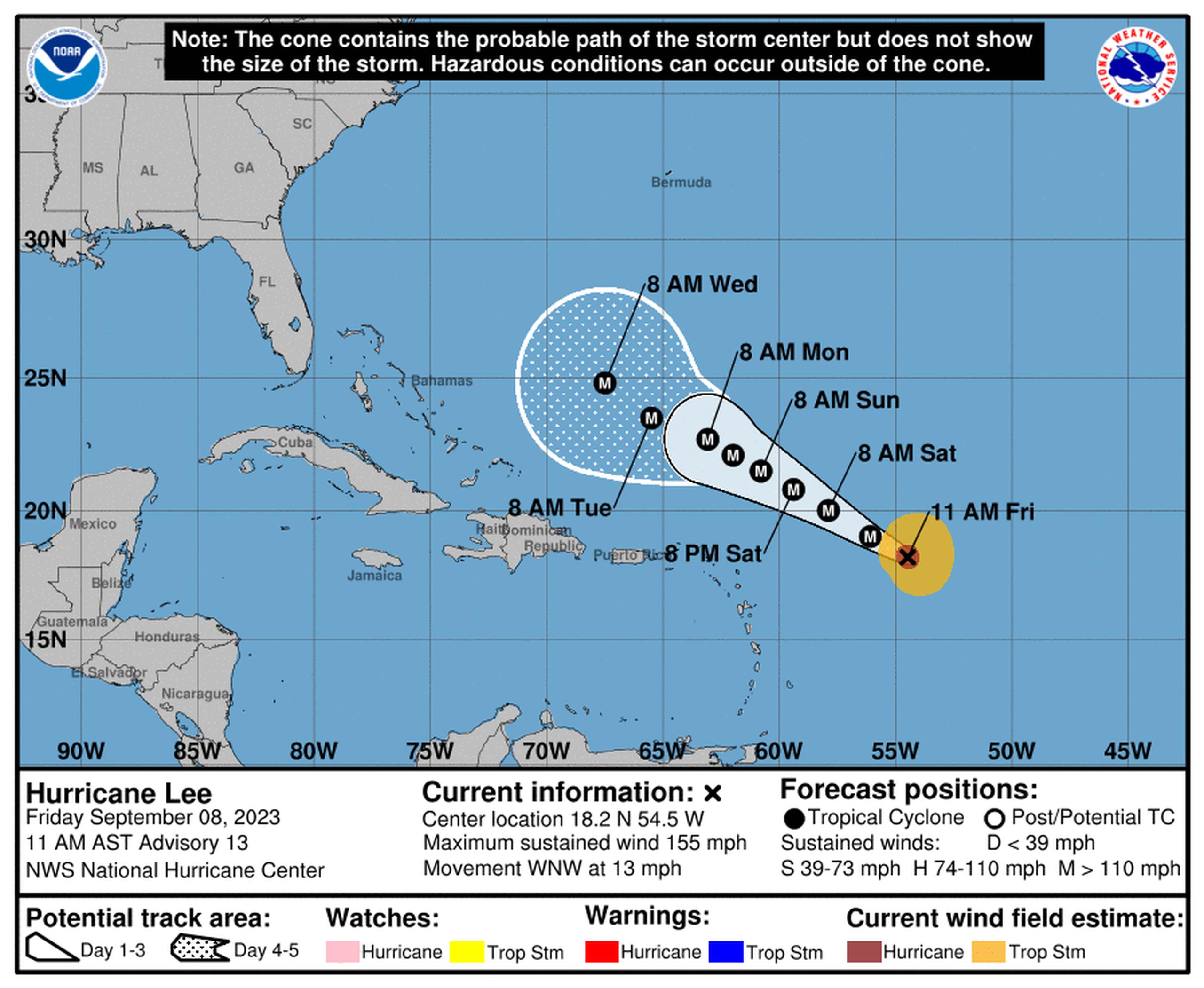 Imagen de la ubicación y posible trayectoria del huracán Lee.