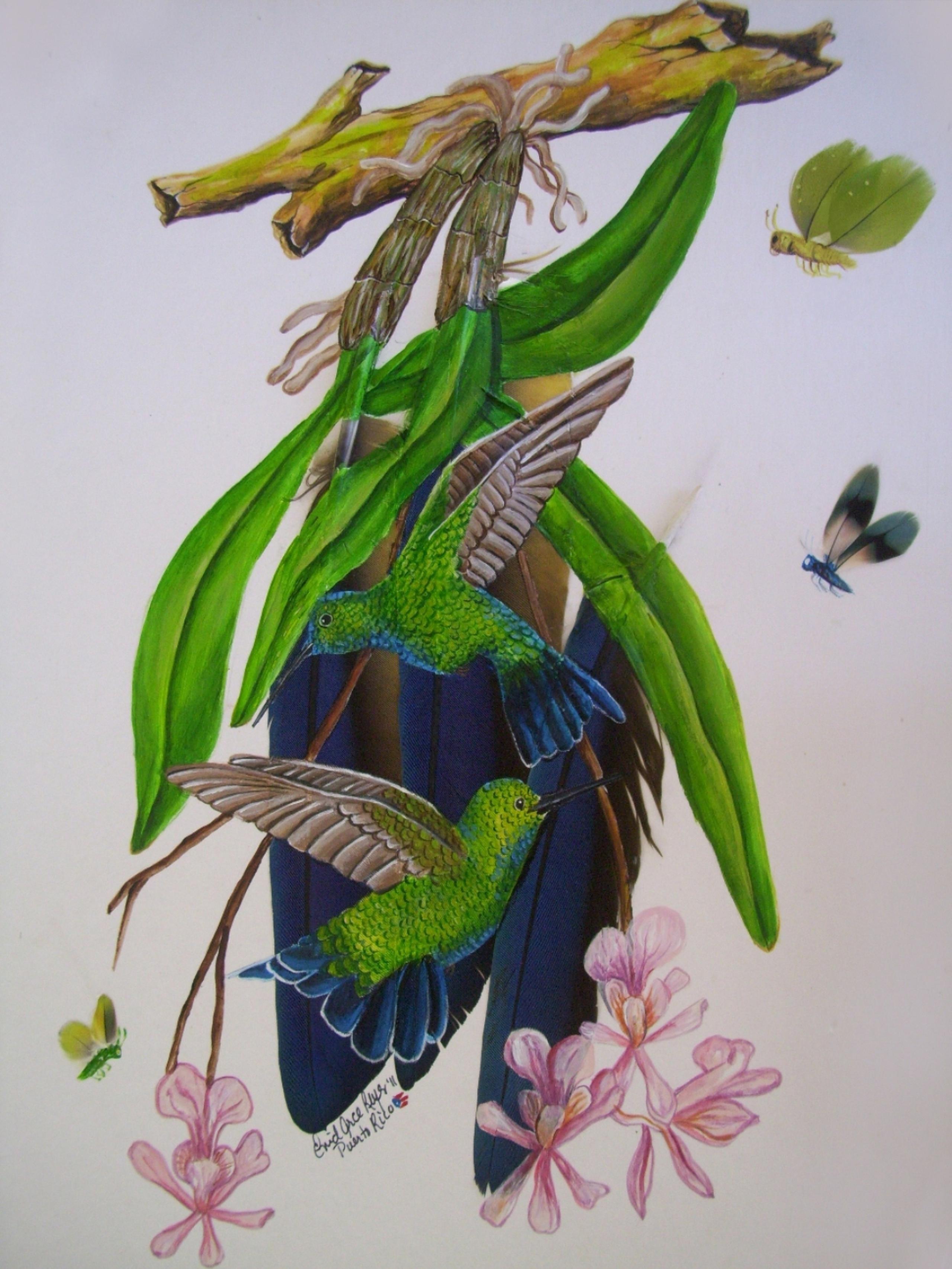 Pareja de zumbadores de Puerto Rico que vuelan entre las flores de una orquídea nativa. Pieza de Enid Arce Reyes pintada sobre plumas de guacamayo. Visita Saguay Studio en Facebook e Instagram. Para más información, escribe a saguayart@gmail.com. 
