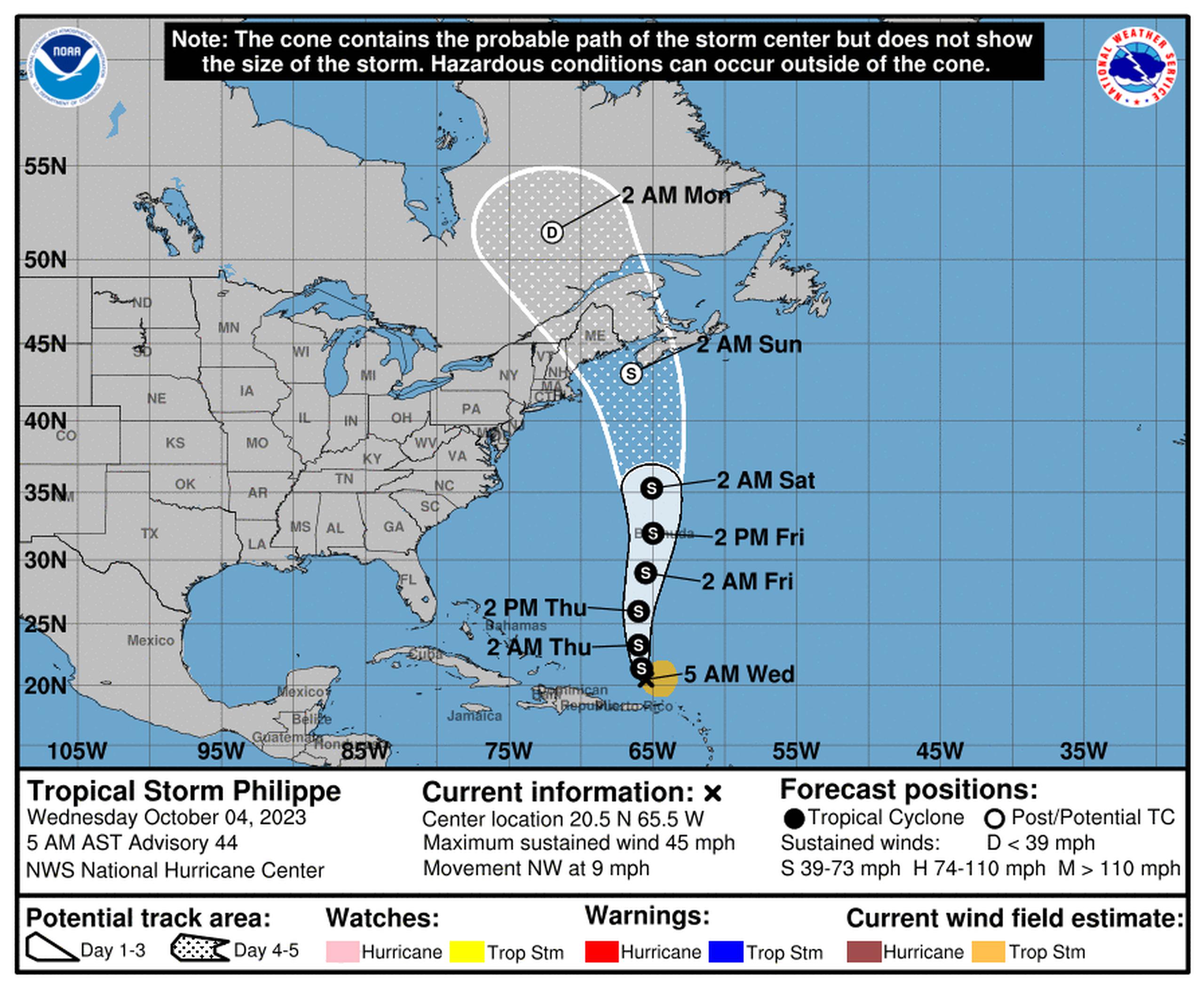 Pronóstico de la tormenta tropical Philippe emitido a las 5:00 de la mañana del 4 de octubre de 2023.