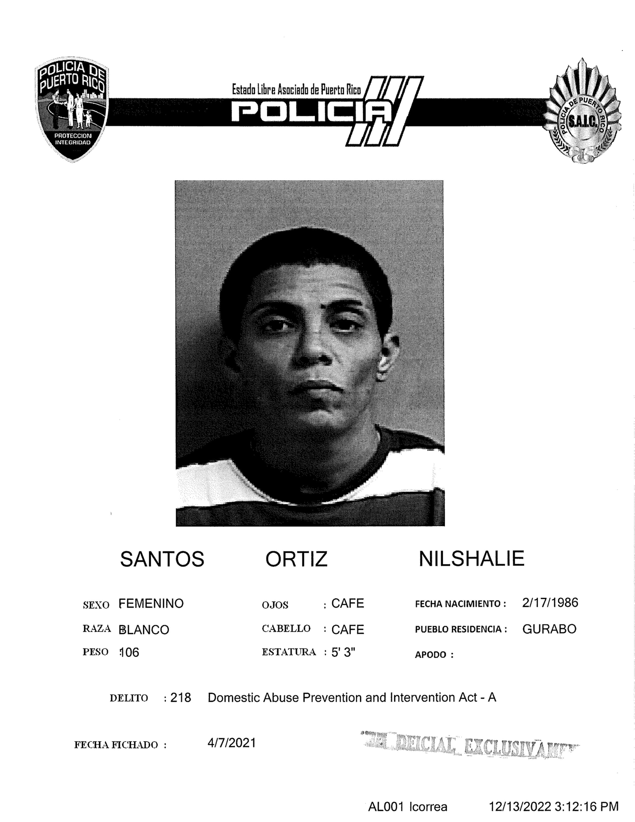 Ficha policial de Nilshalie Santos Ortiz.