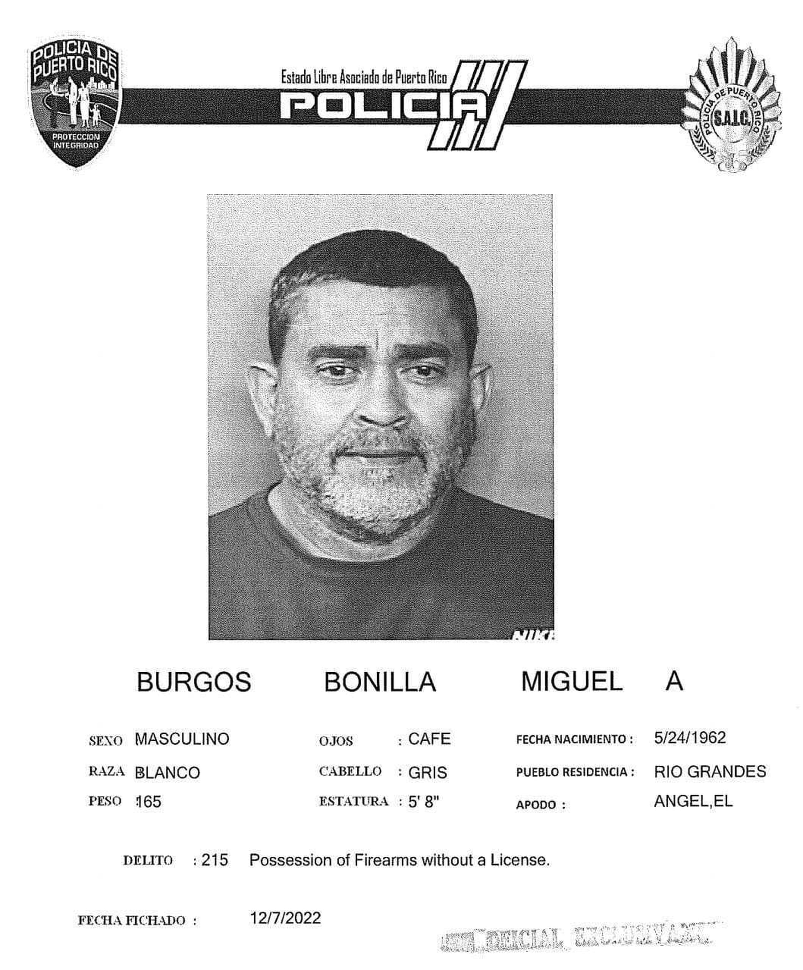 Ficha de Miguel A. Bonilla Burgos, quien enfrenta cargos por maltrato de menores por negligencia y violación a la Ley de Armas, luego que su hijo llevara su arma de fuego ilegal a la escuela.