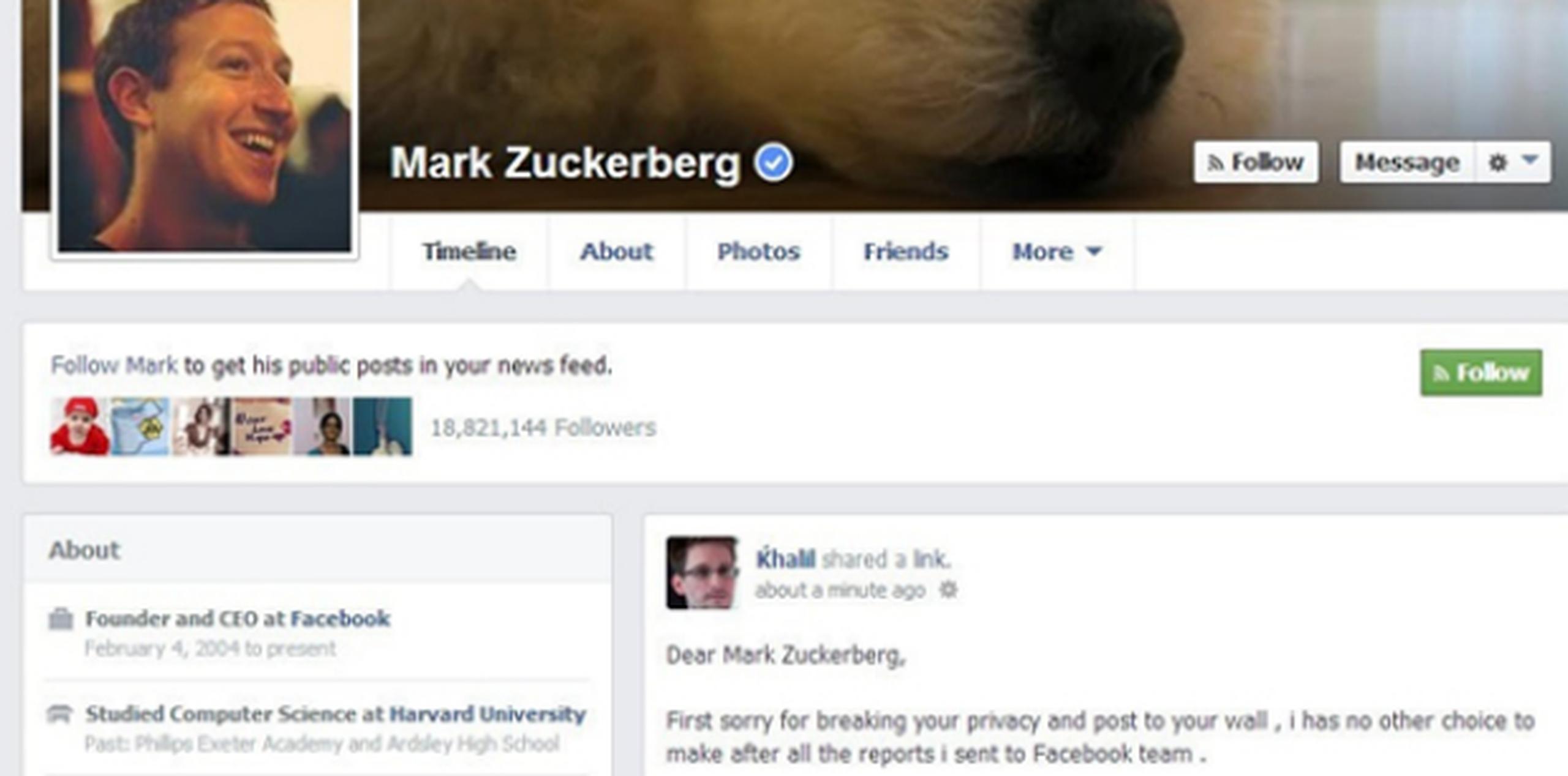 Este es el mensaje que Khalil Shreateh dejó en el Facebook de Mark Zuckerberg. (Khalil-sh.blogspot.co.uk)

