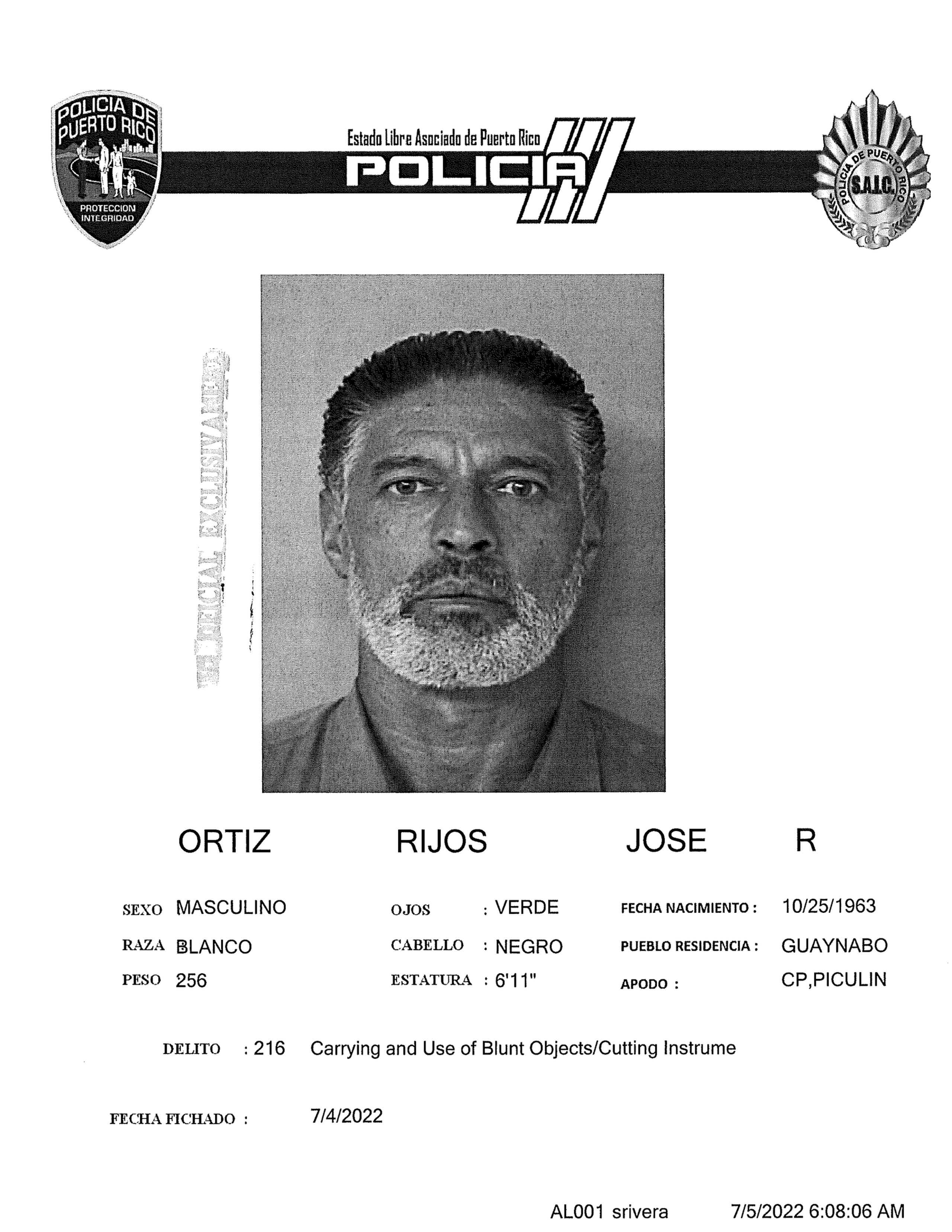 Ficha policial de José “Piculín” Ortiz Rijos.