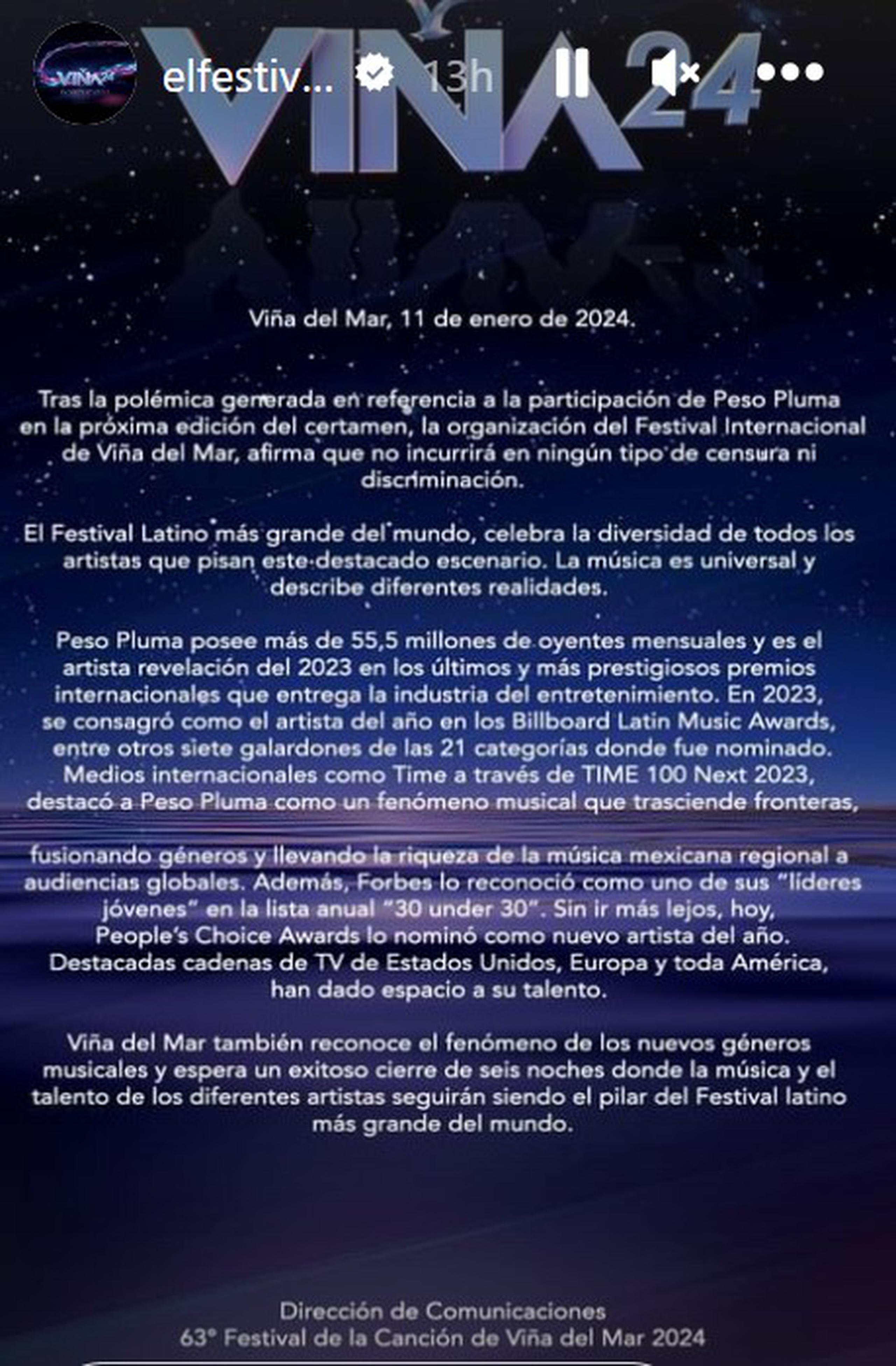 A través de un story en su cuenta de Instagram, la organización del Festival de Viña del Mar confirmó la noche del jueves el show del mexicano.