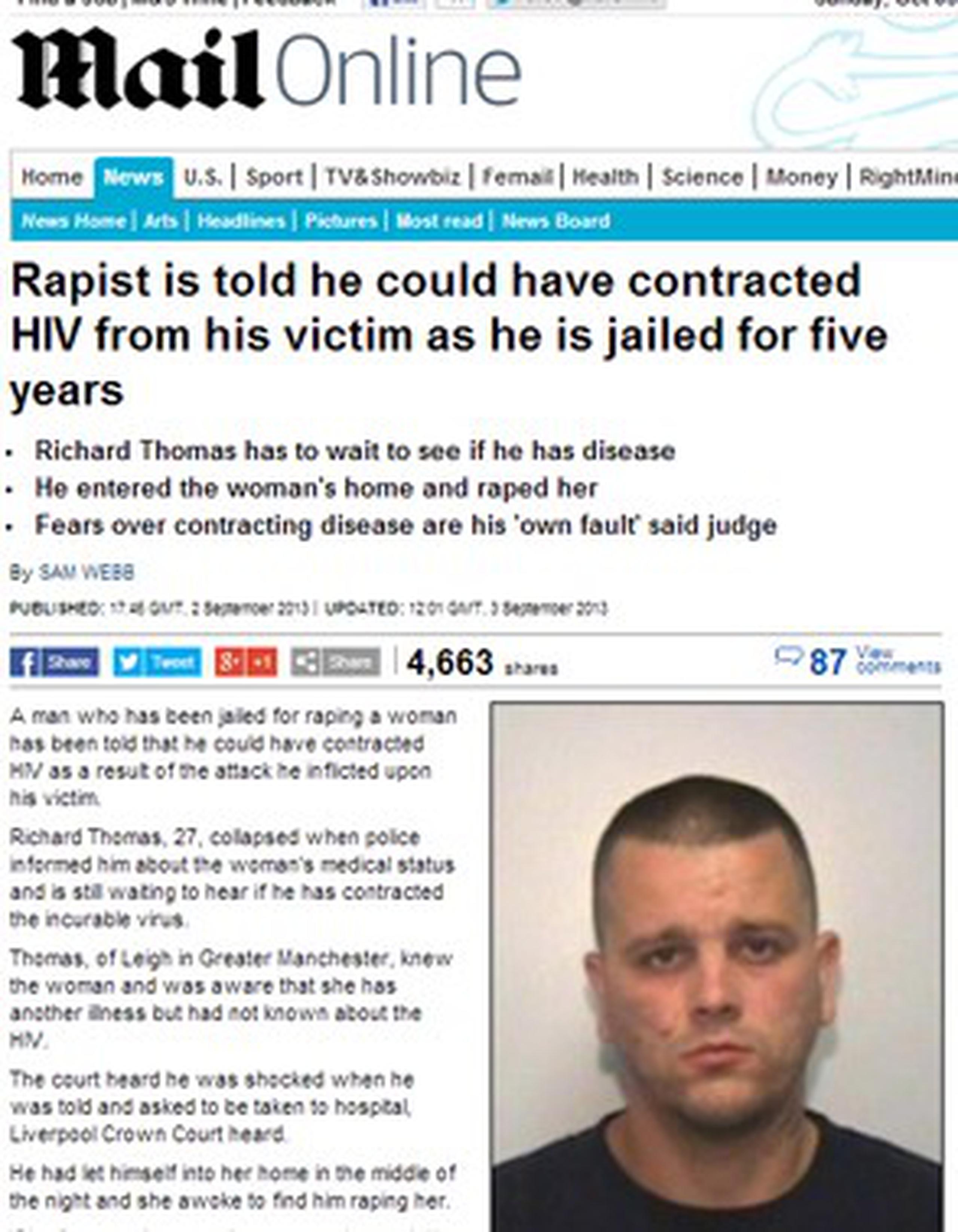 Richard Thomas, de 27 años, enfrenta una condena de 64 meses por la violación. (www.dailymail)
