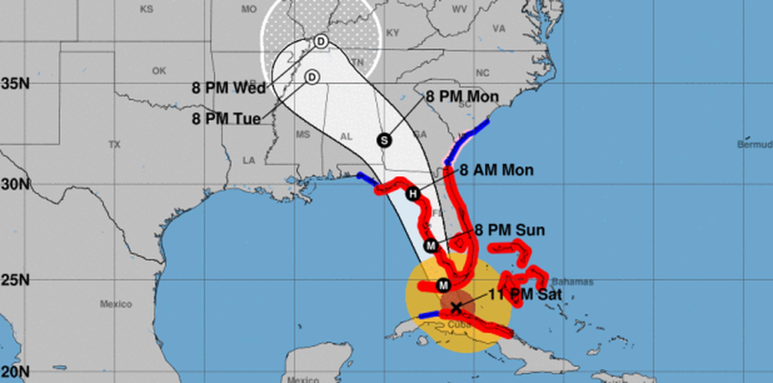 Trayectoria de Irma, según el boletín de las 11:00 p.m. del Centro Nacional de Huracanes. (NOAA)