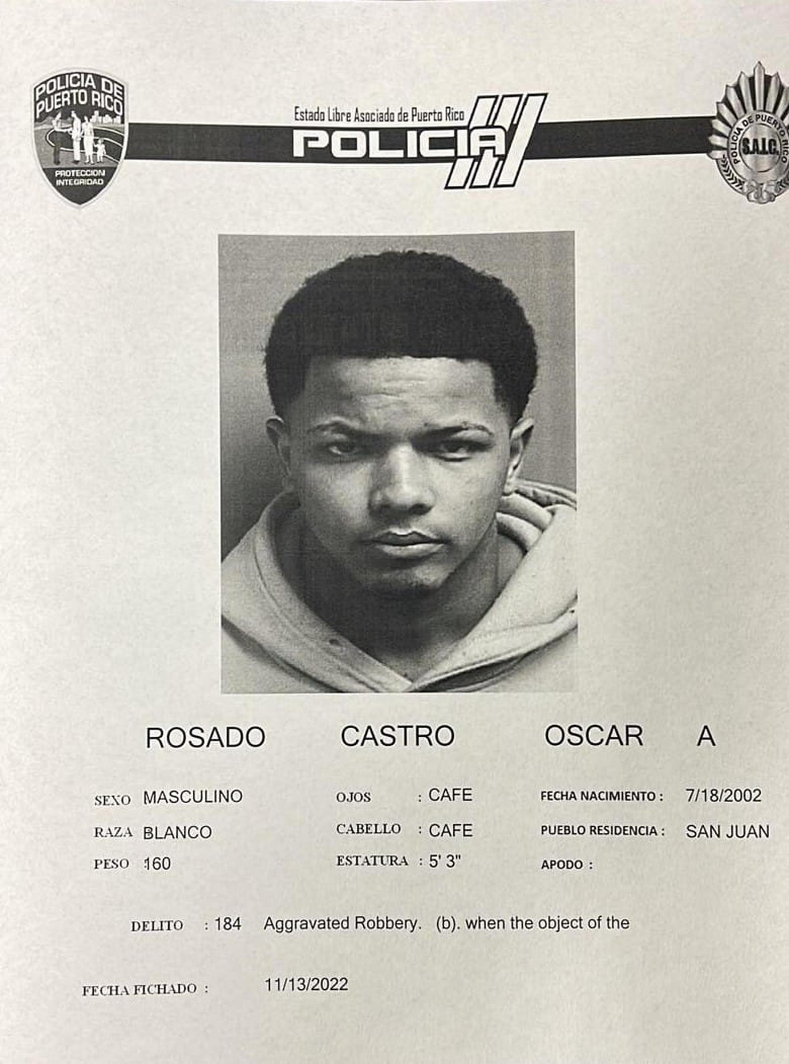 Oscar A. Rosado Castro fue acusado junto a otro individuo por violación al artículo 6.05 de la Ley de Armas (Portación, Transportación o Uso de Armas de Fuego sin Licencia) y al artículo 190 del Código Penal (robo agravado).