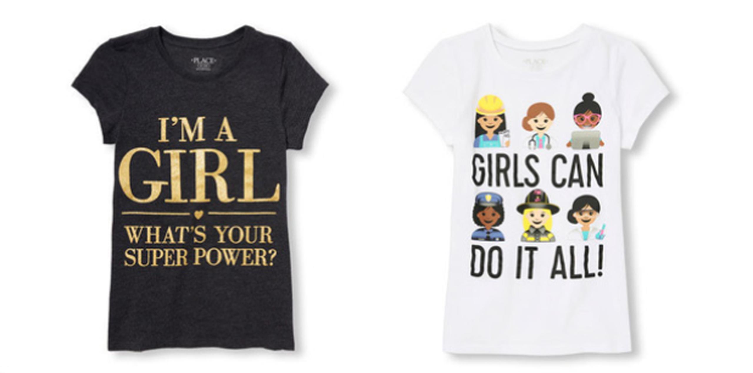Las camisas están diseñadas con dibujos y mensajes que empoderan a las niñas. (The Children's Place)