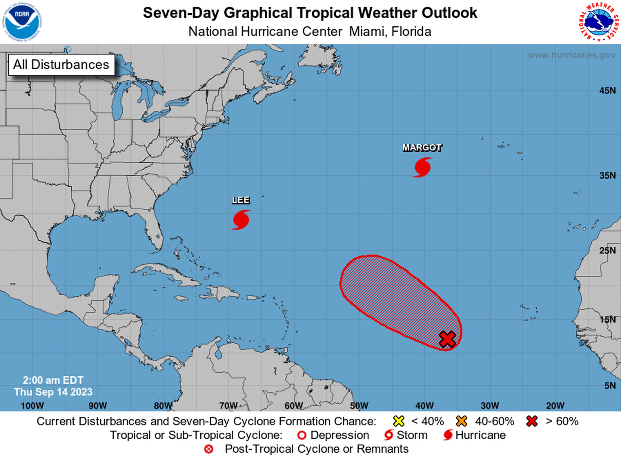Perspectiva gráfica del clima tropical del Atlántico para siete días del Centro Nacional de Huracanes en Miami.