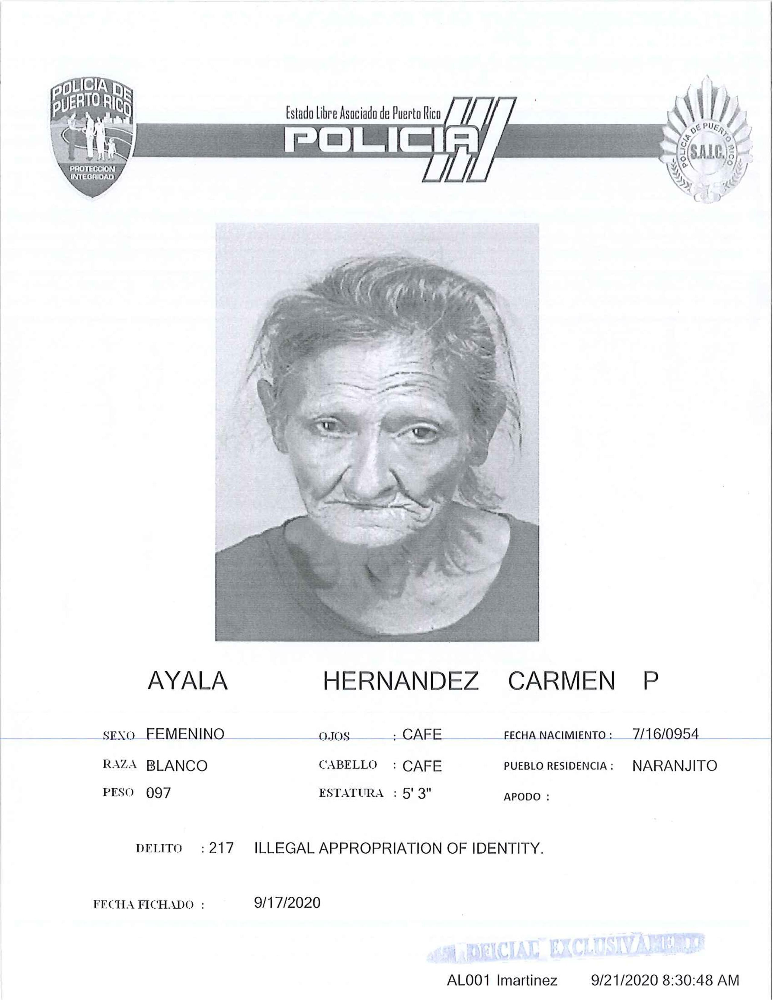 Ficha de Carmen P. Ayala Hernández, imputada de fraude a la Asistencia por Desempleo Pandémico (PUA, en inglés).