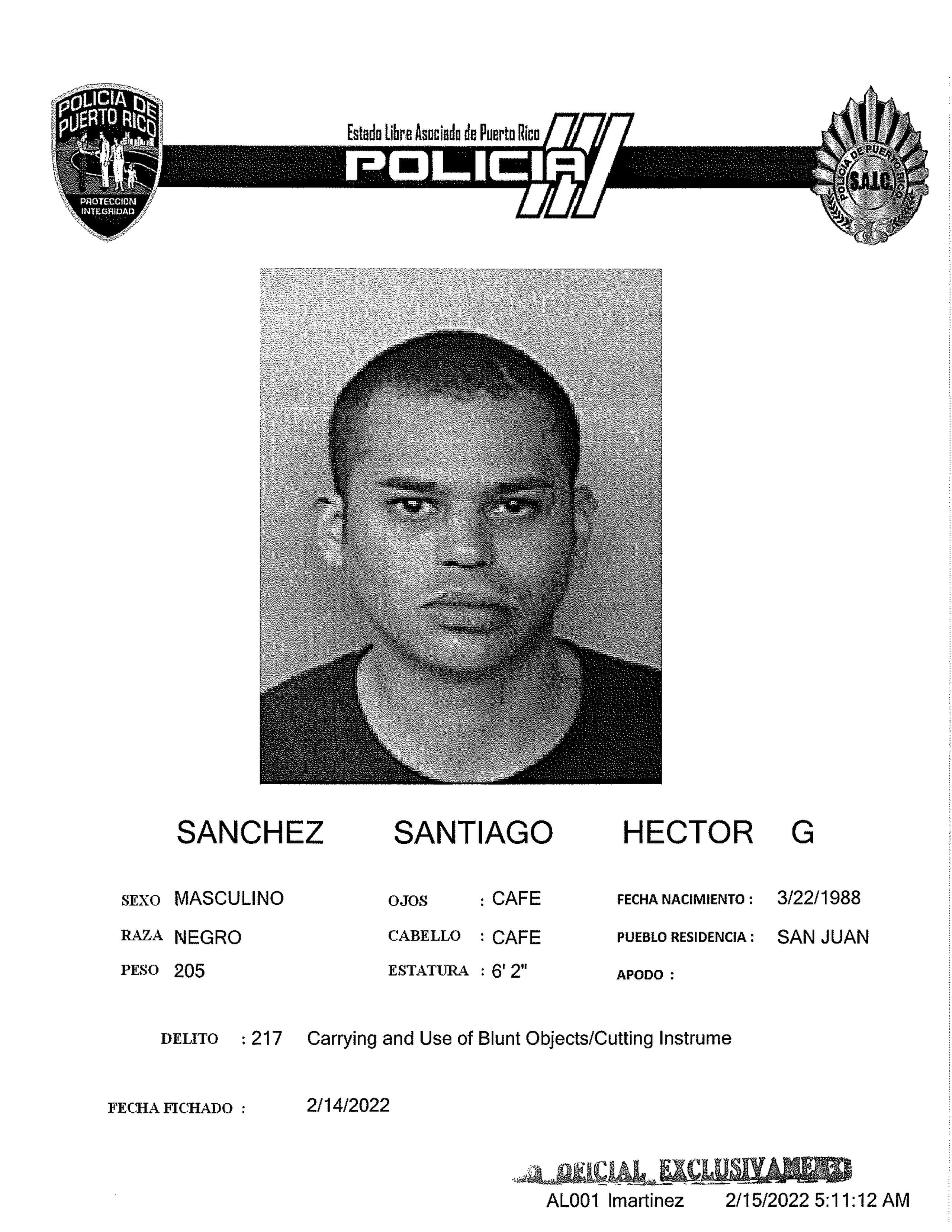 Ficha policial de Héctor Sánchez Santiago, imputado de amenazar a un empleado de restaurante con un destornillador.