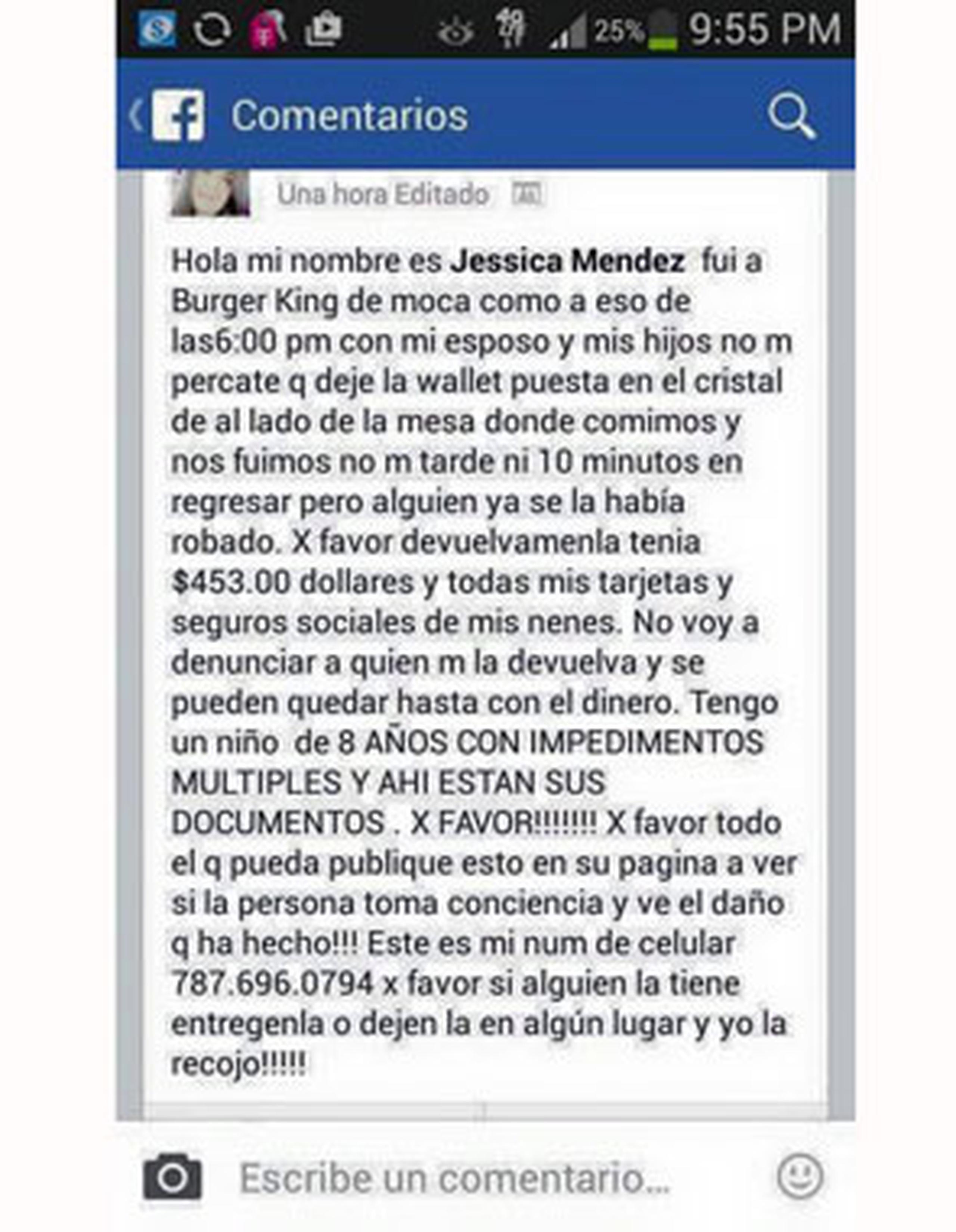 Luego de la publicación de la noticia en primerahora.com, una ciudadana contactó a Jessica Méndez para decirle que anoche había encontrado una cartera de mano dentro de una bolsa de Burger King en el estacionamiento de un centro comercial en Aguadilla y que la había entregado en la tienda Marshalls. (Facebook)