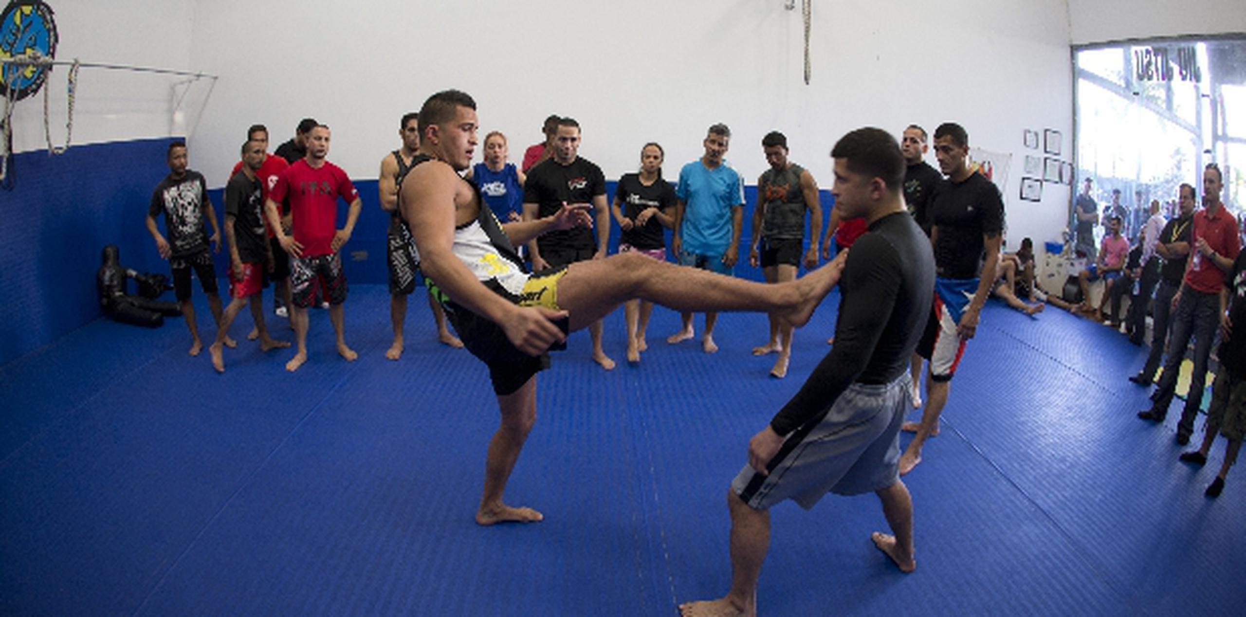 Un grupo de peleadores boricuas observan a los hermanos Pettis ofrecer un taller sobre las técnicas.  (xavier.araujo@gfrmedia.com)