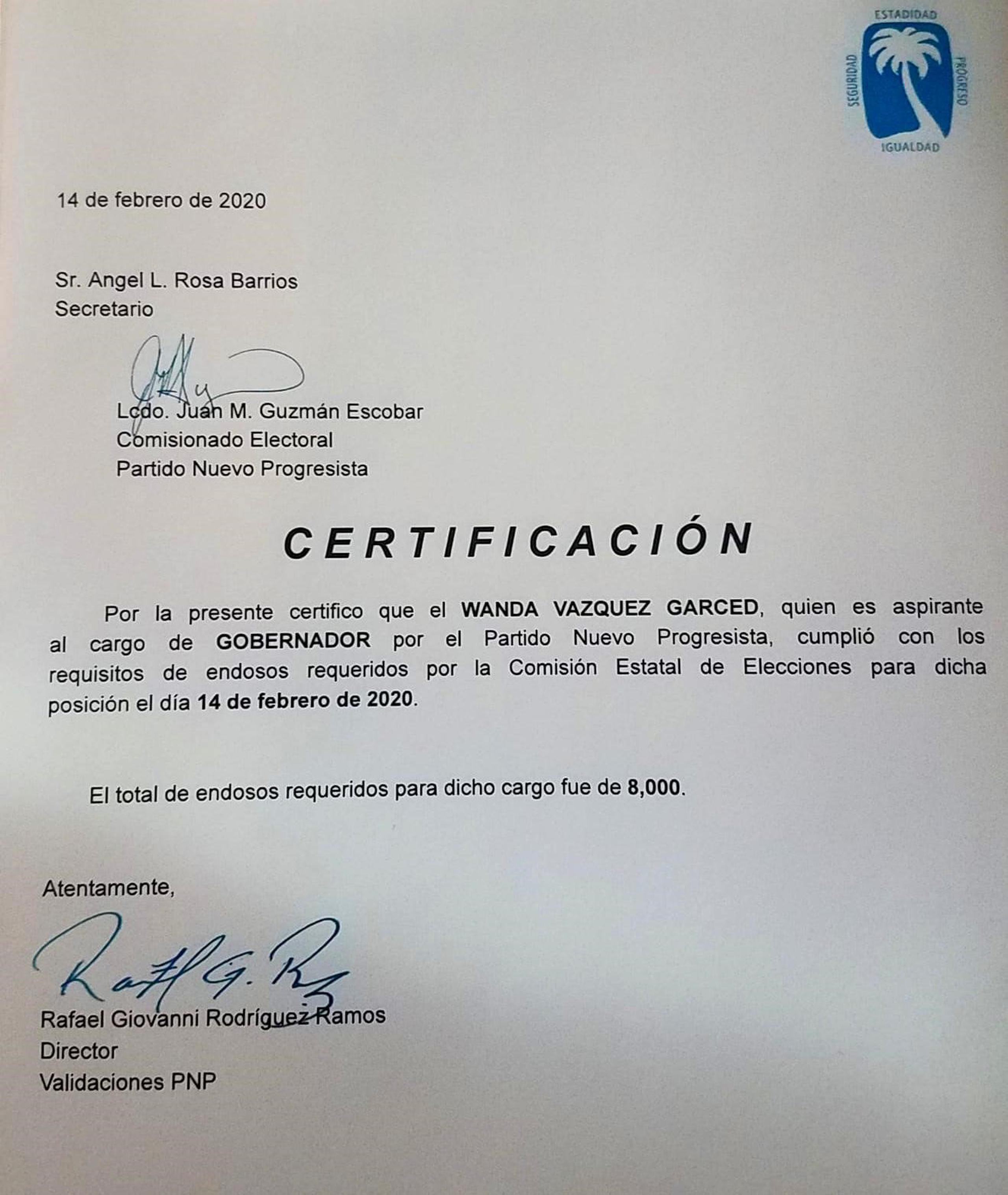 Copia de la certificación que emitió el PNP a Wanda Vázquez.