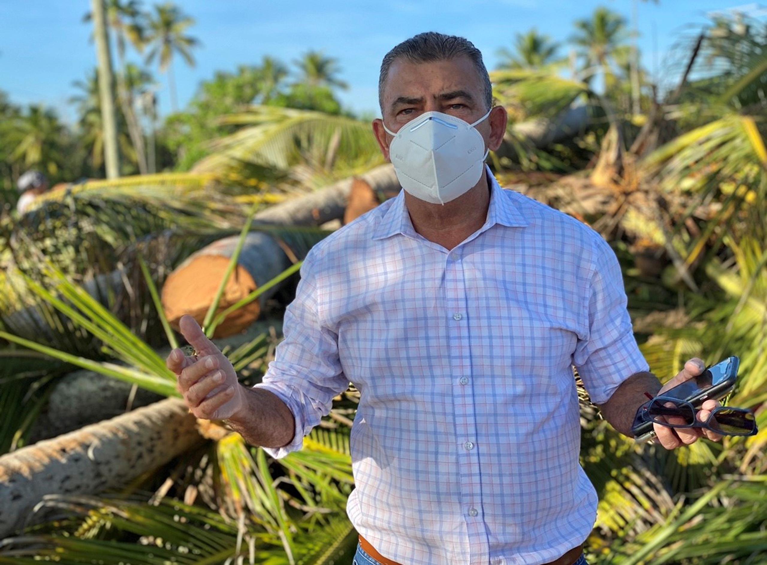 El alcalde de Vega Alta, Oscar "Can" Santiago Martínez, muestra la tala de palmas realizadas en el balneario de Cerro Gordo.
