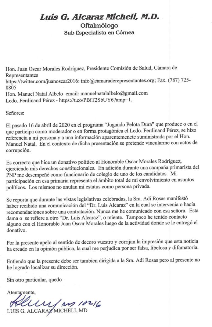 Carta escrita por el donante del representante Juan Oscar Morales.