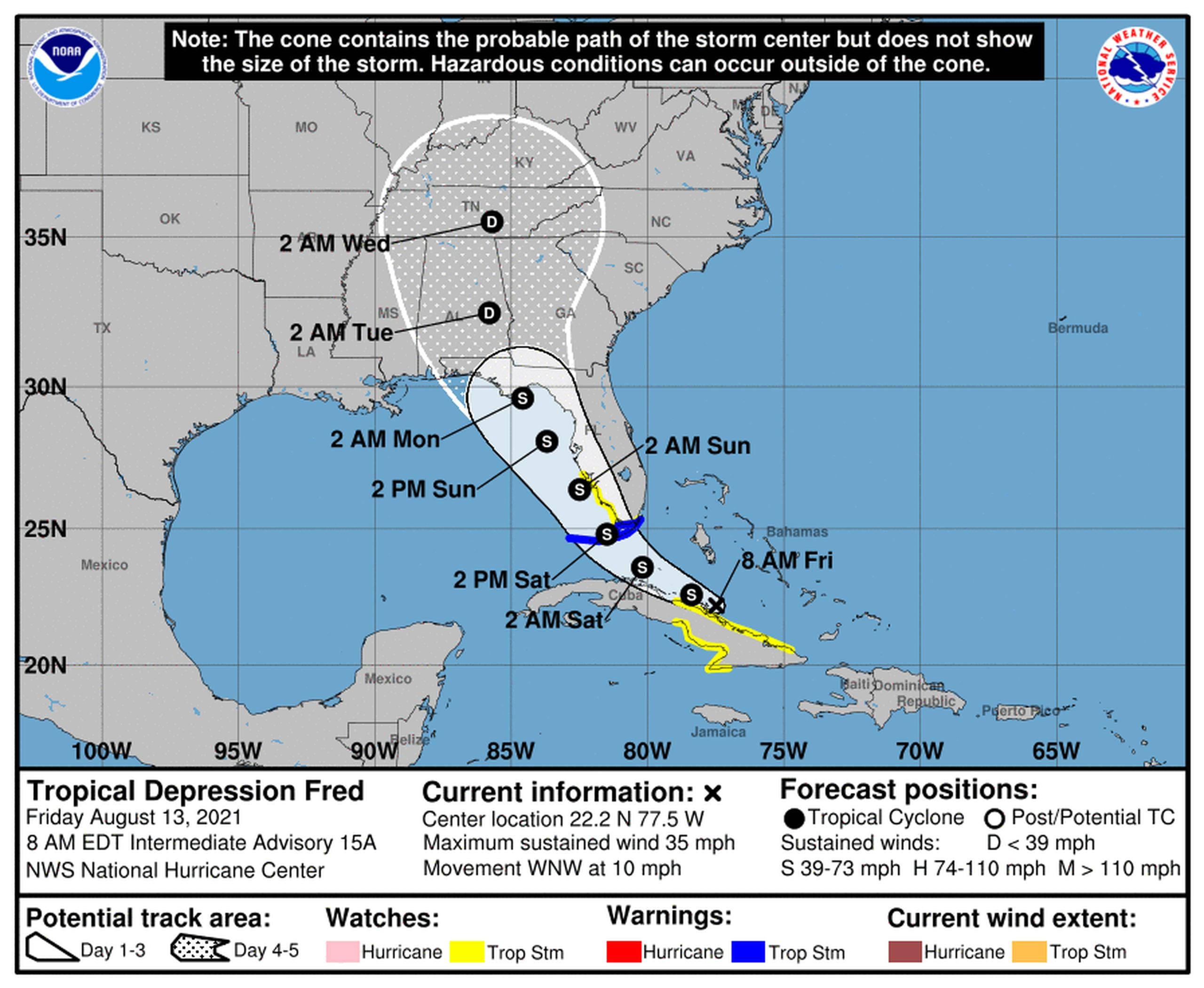 Pronóstico de la depresión tropical Fred emitido a las 8:00 de la mañana por el Centro Nacional de Huracanes.