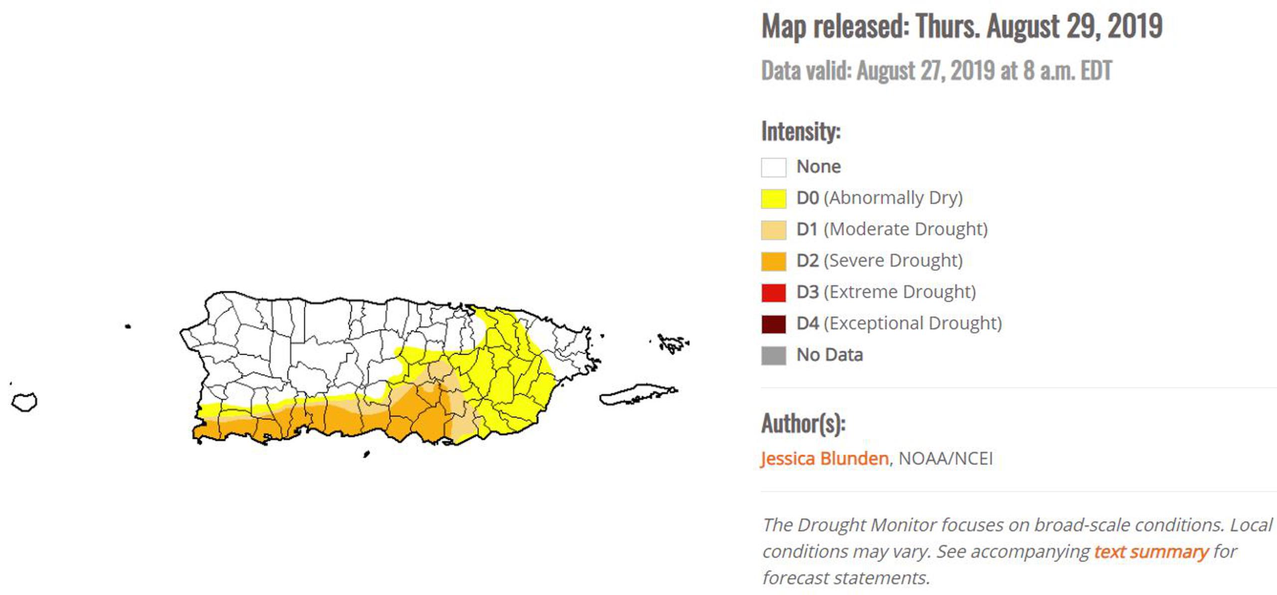 Intensidad de sequía en Puerto Rico. (United States Drought Monitor)