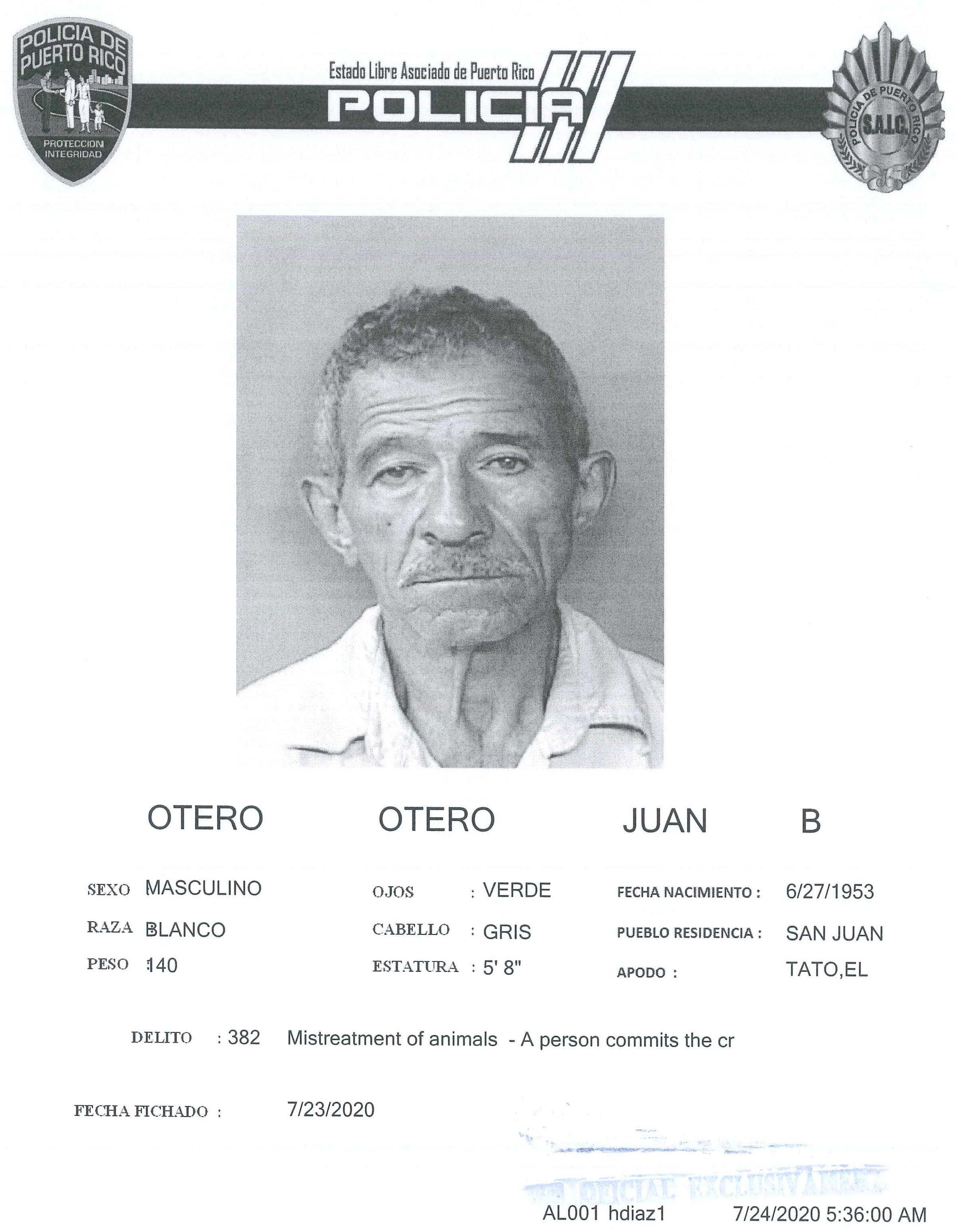 Ficha de Juan B. Otero Otero, imputado de lanzar un perro al suelo.