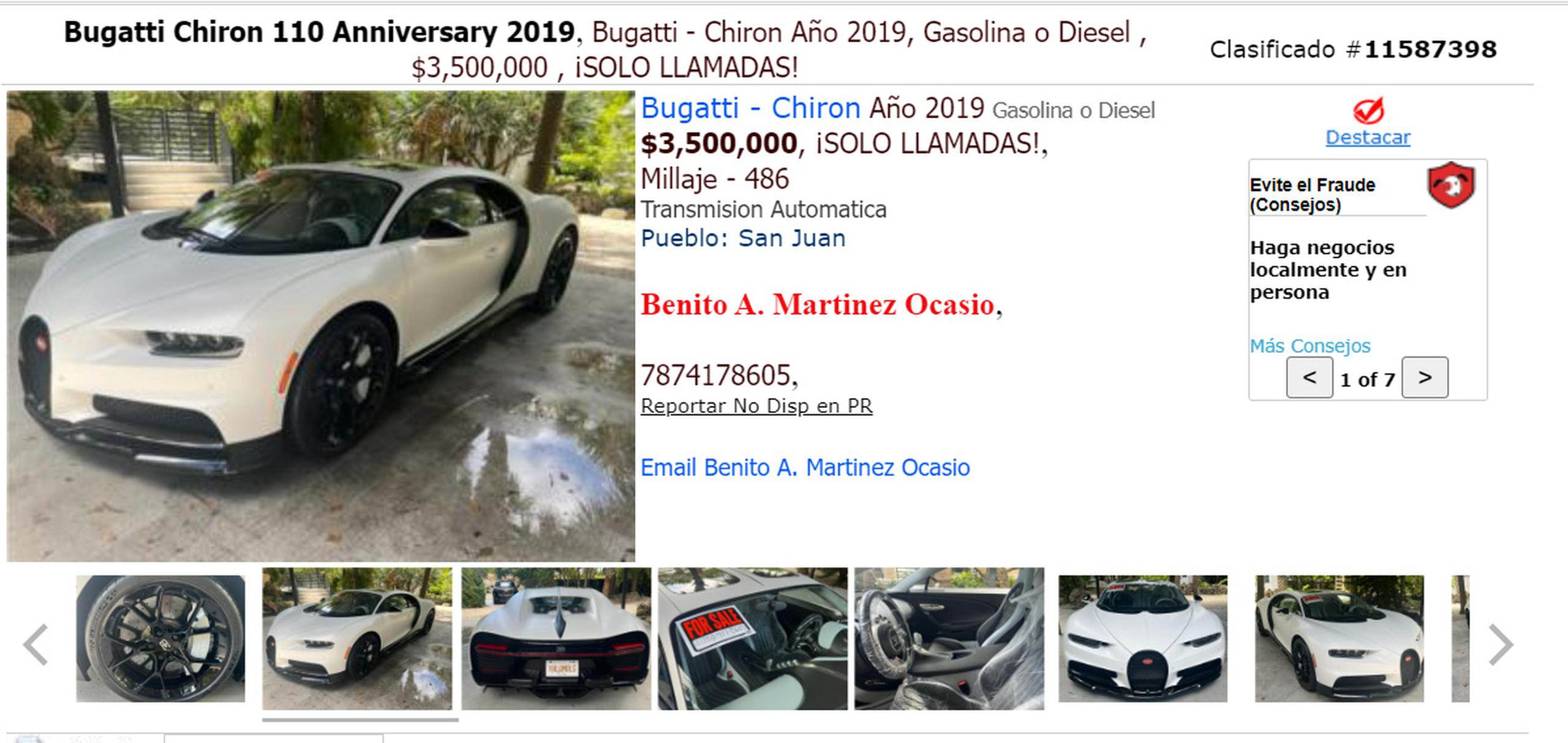 Bad Bunny pone “a la venta” su auto Bugatti