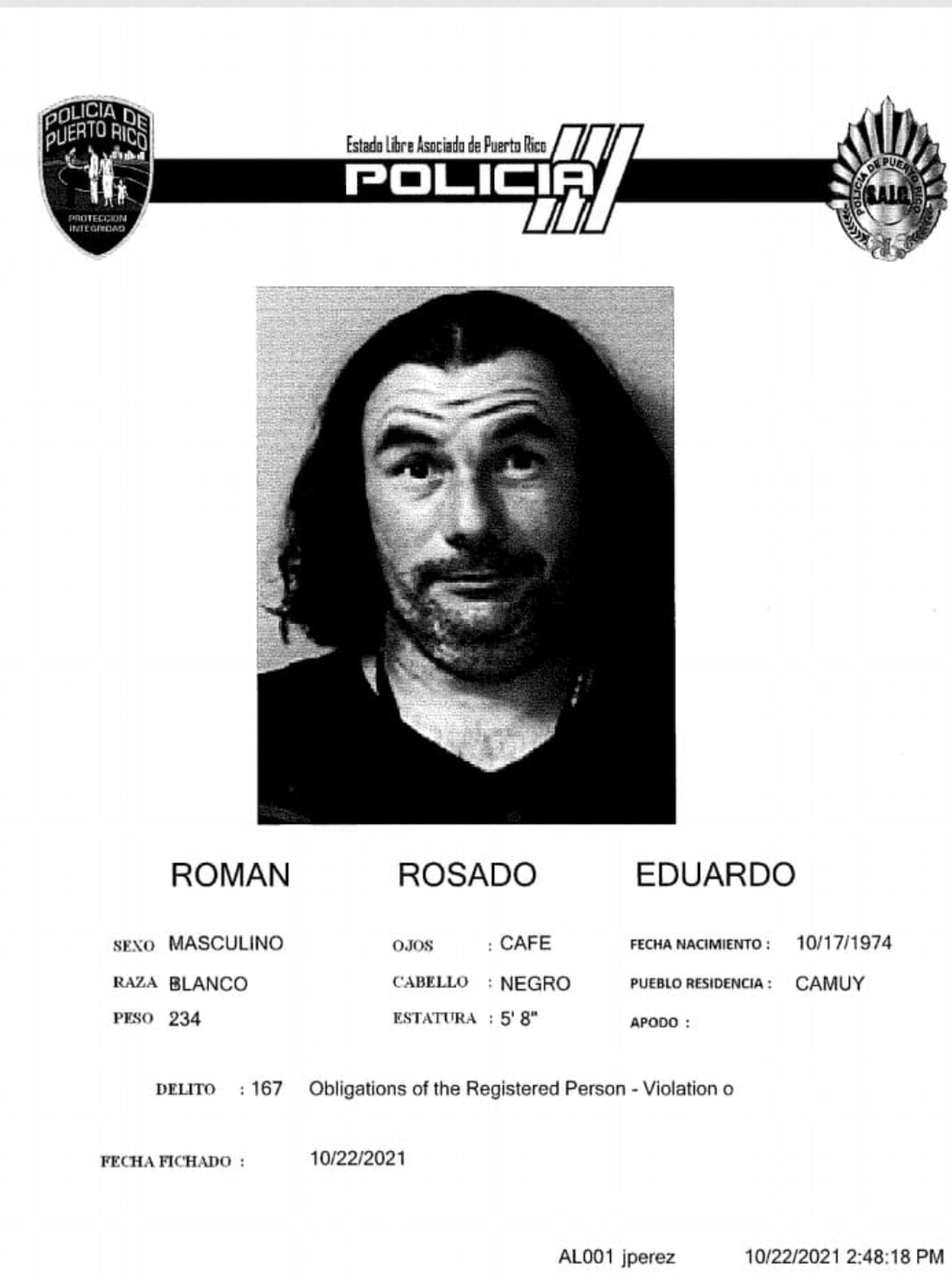 Ficha policiaca de Eduardo Román Rosado.