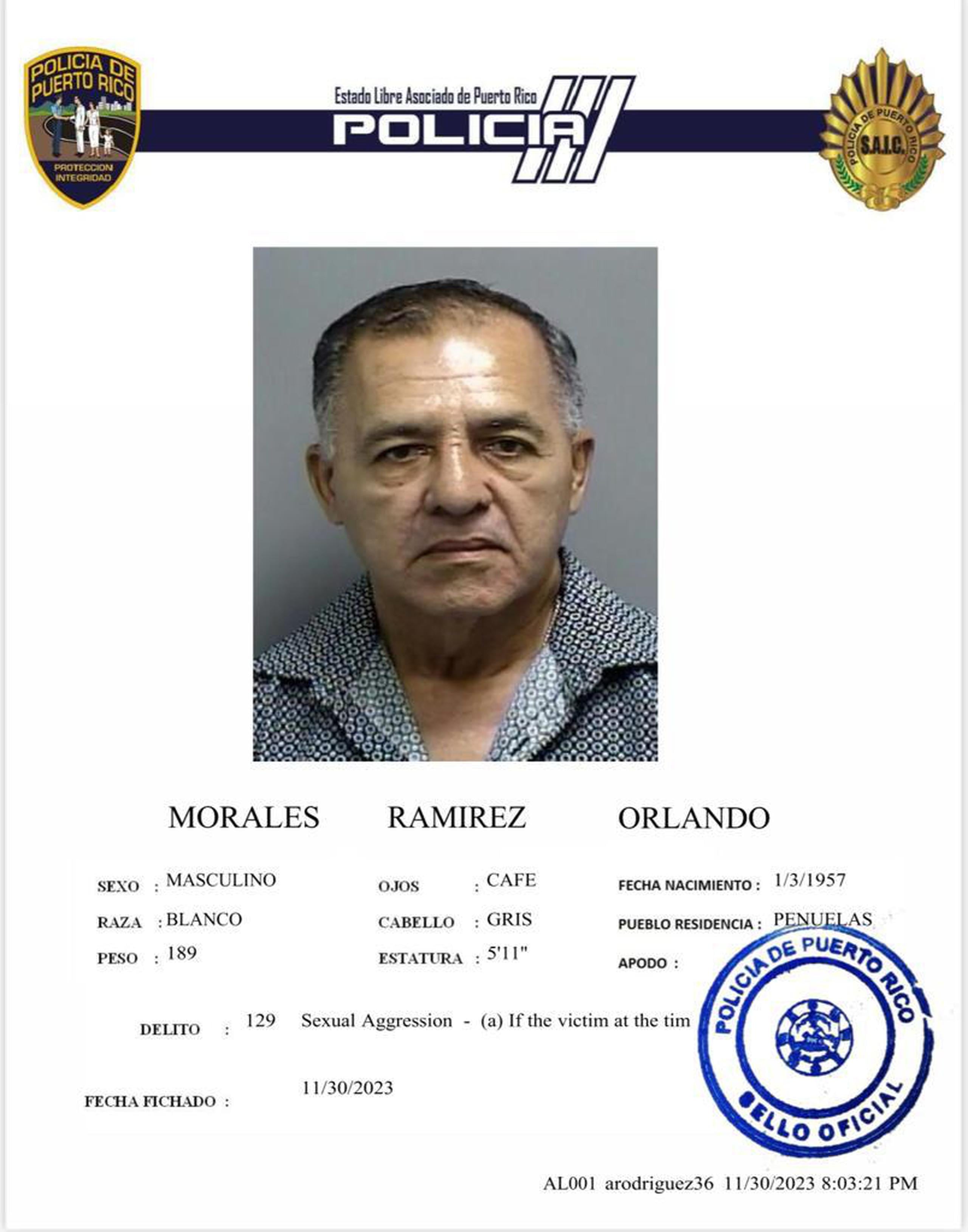 Orlando Morales Ramírez, quien es un policía retirado, enfrenta cargos por agresión sexual y maltrato de menores.