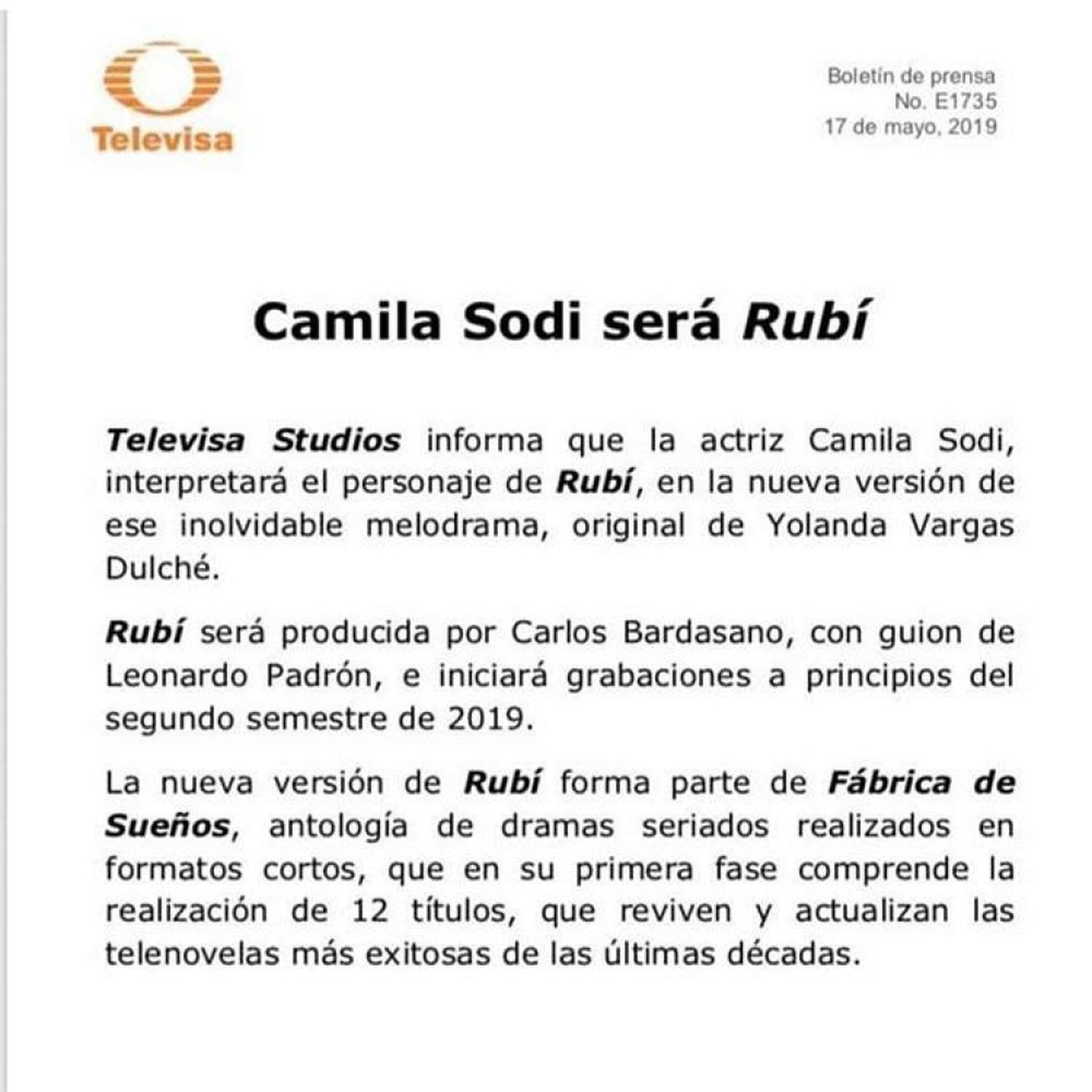 Comunicado de Televisa confirmando a Camila Sodi como la nueva protagonista de "Rubí". (GDA)