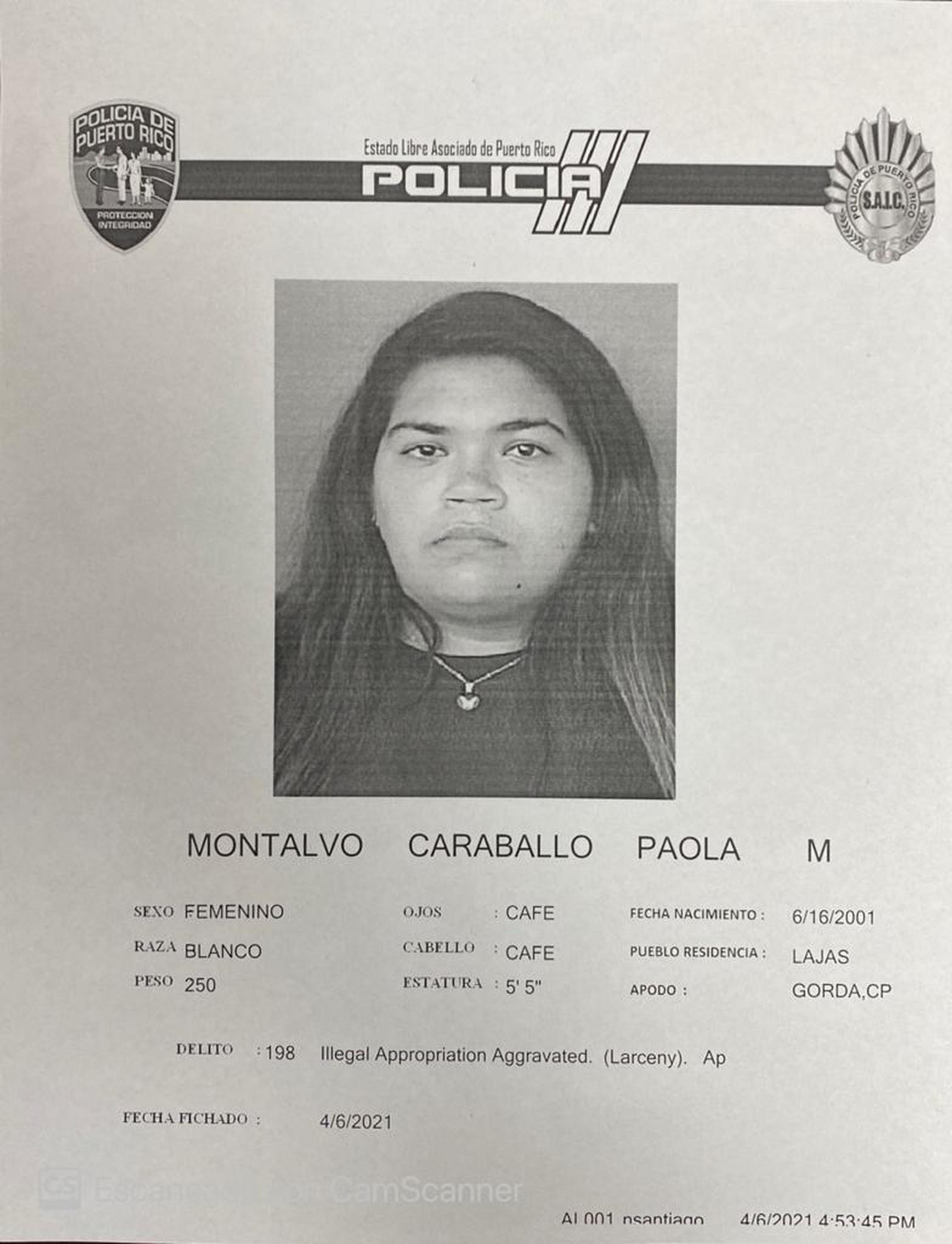 Ficha policíaca de la imputada, Paola M. Montalvo Caraballo.