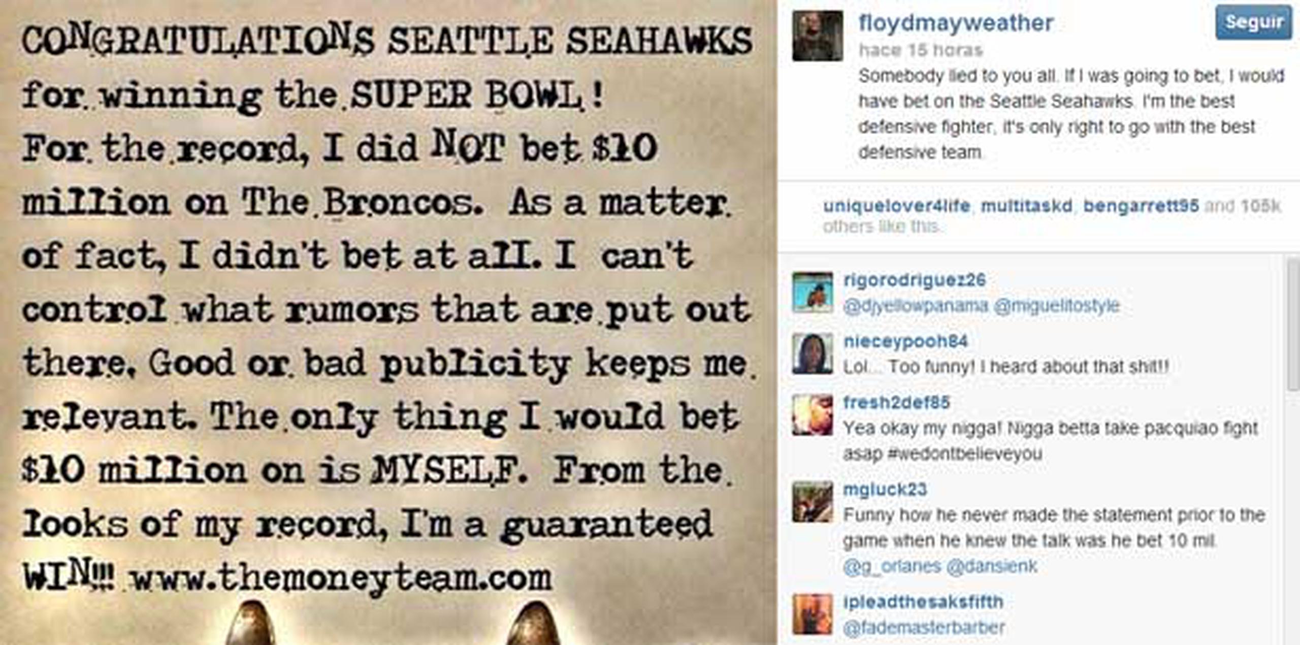 Floyd Mayweather Jr. negó en Instagram que apostara $10 millones a los Broncos. (Instagram)