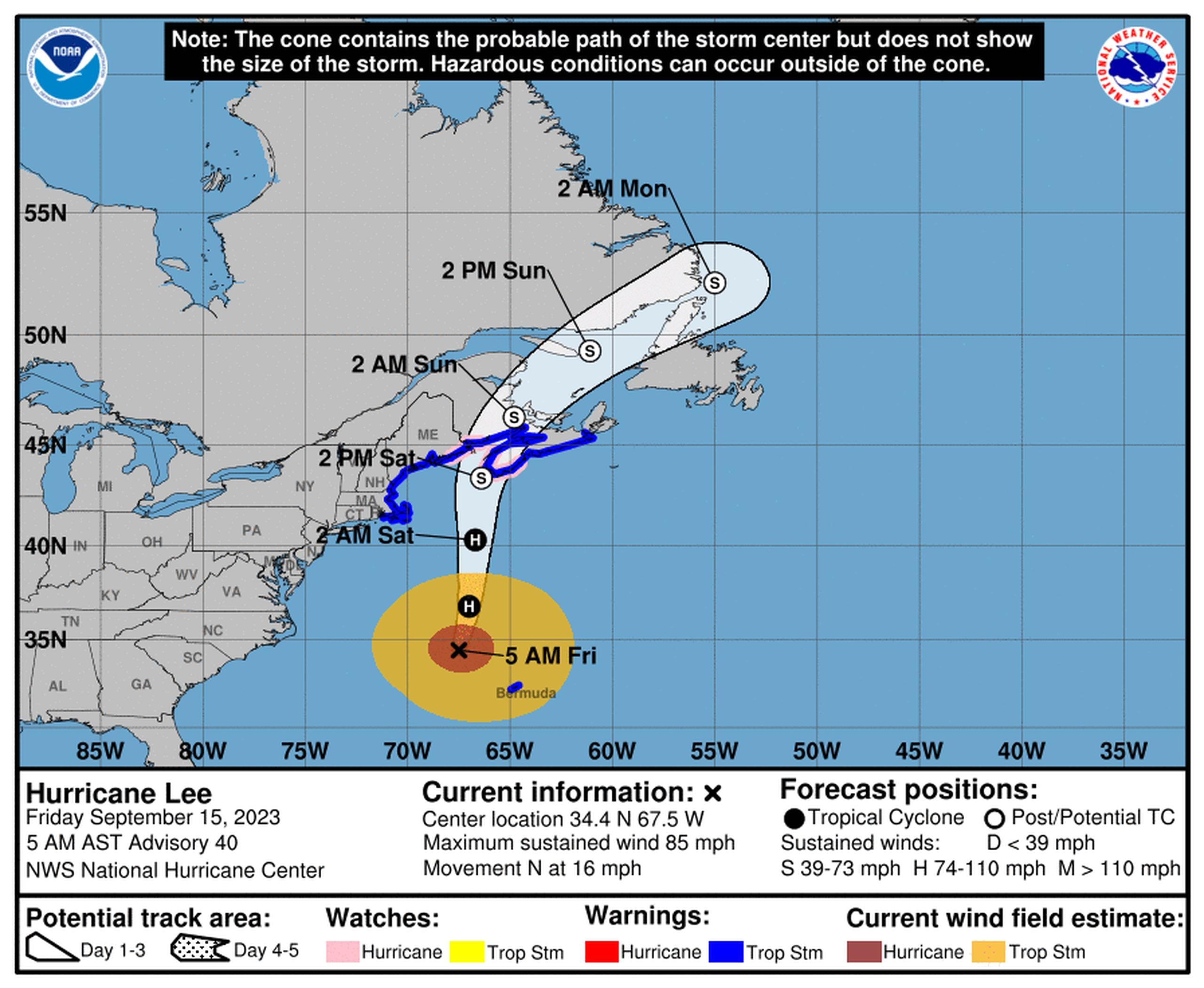 Pronóstico del huracán Lee emitido a las 5:00 de la mañana del 15 de septiembre de 2023.