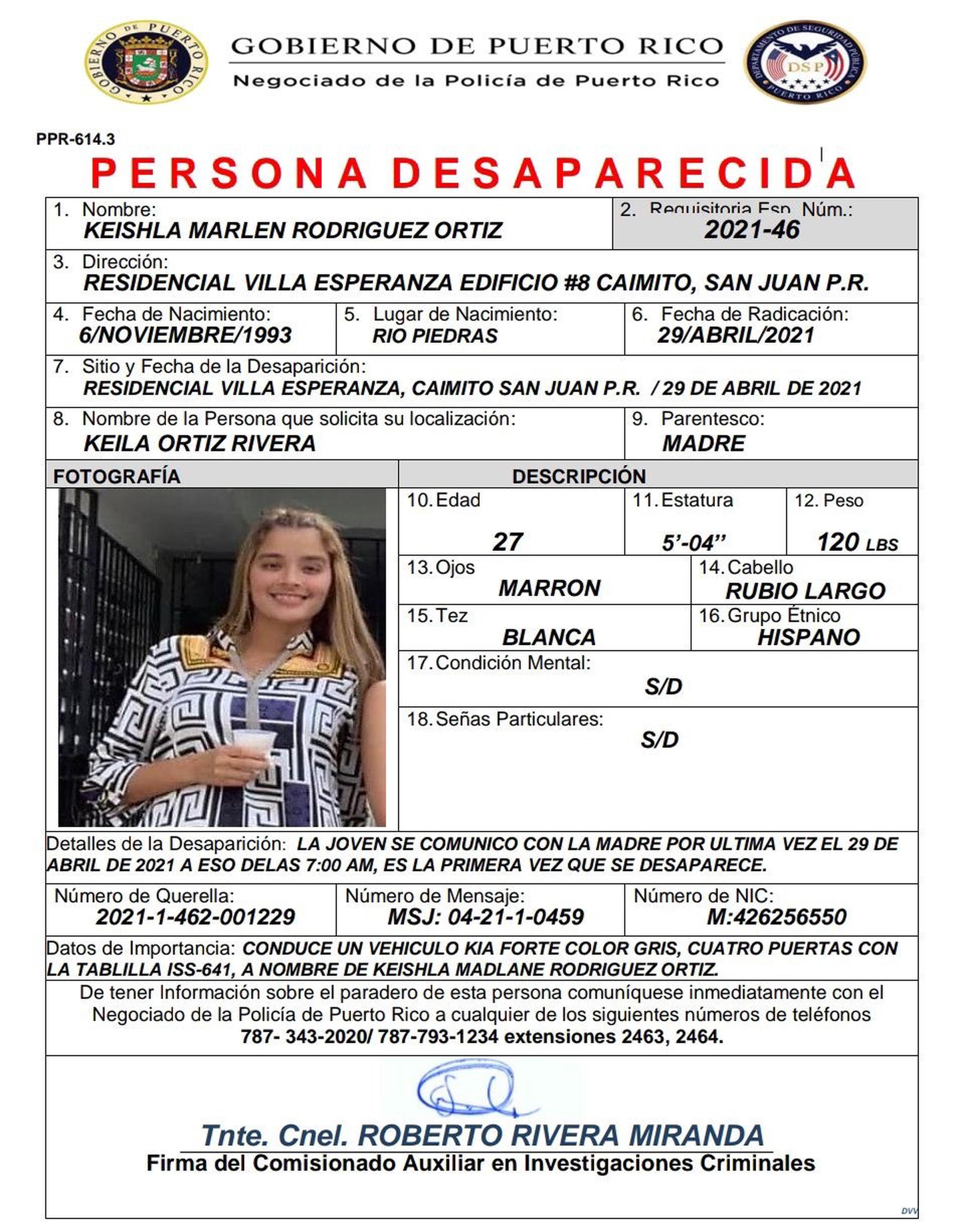 Información brindada a la Policía sobre la joven desaparecida Keishla Marlen Rodríguez Ortiz