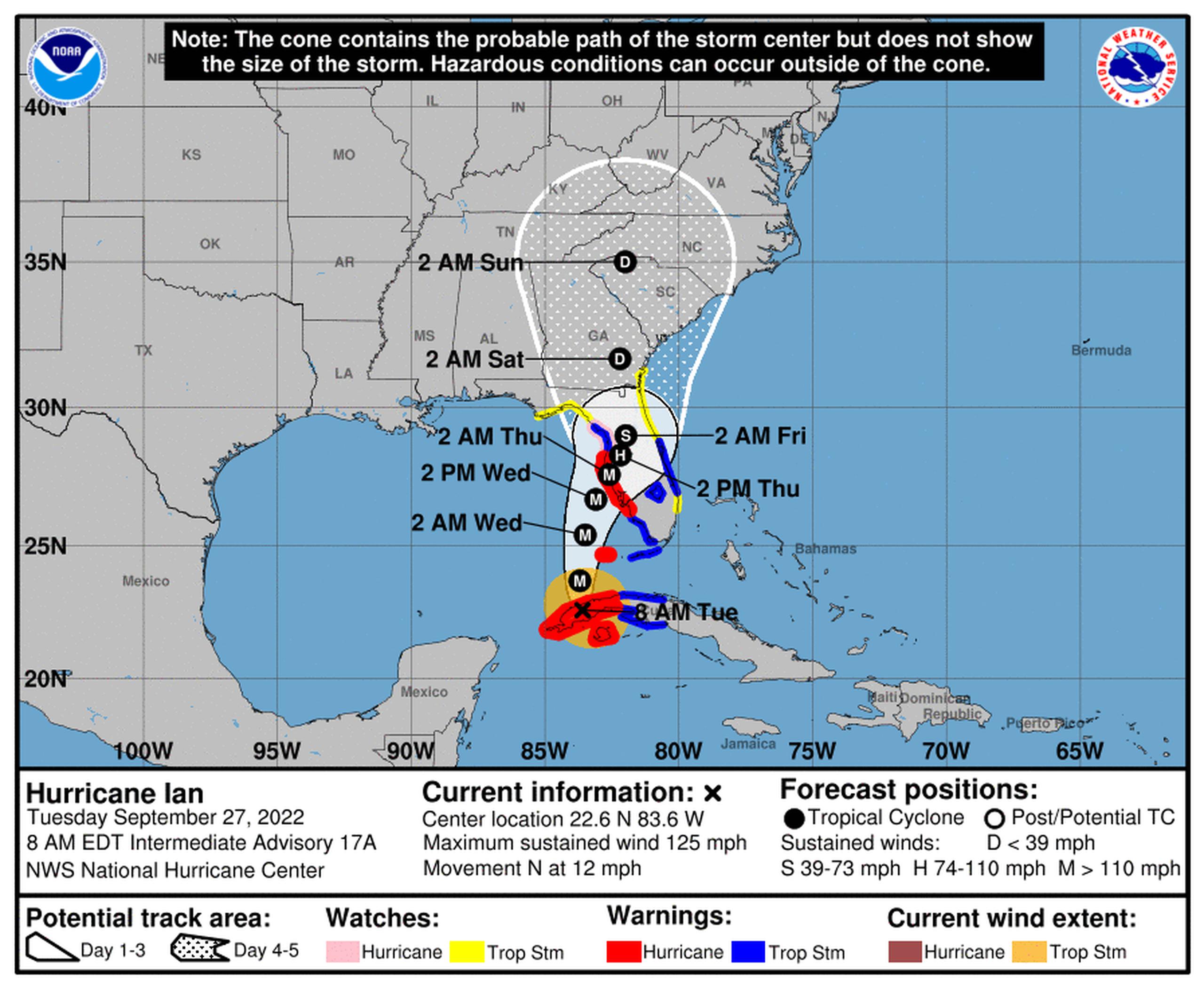 Pronóstico del huracán Ian emitido a las 8:00 de la mañana del 27 de septiembre de 2022.