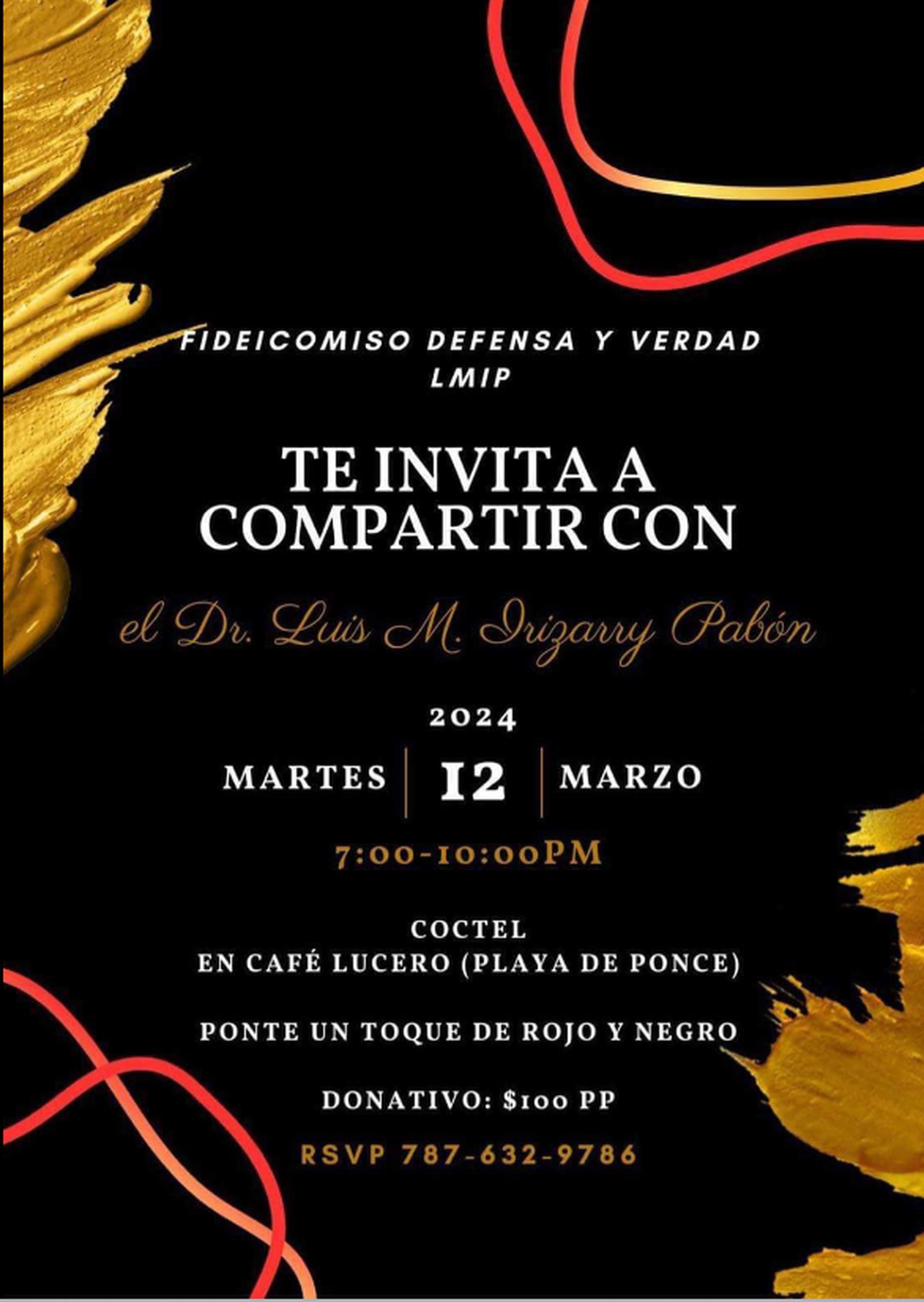 Invitación que circula en las redes sociales del evento para recaudar fondos para el pago de la defensa del alcalde de Ponce, Luis Irizarry Pabón.