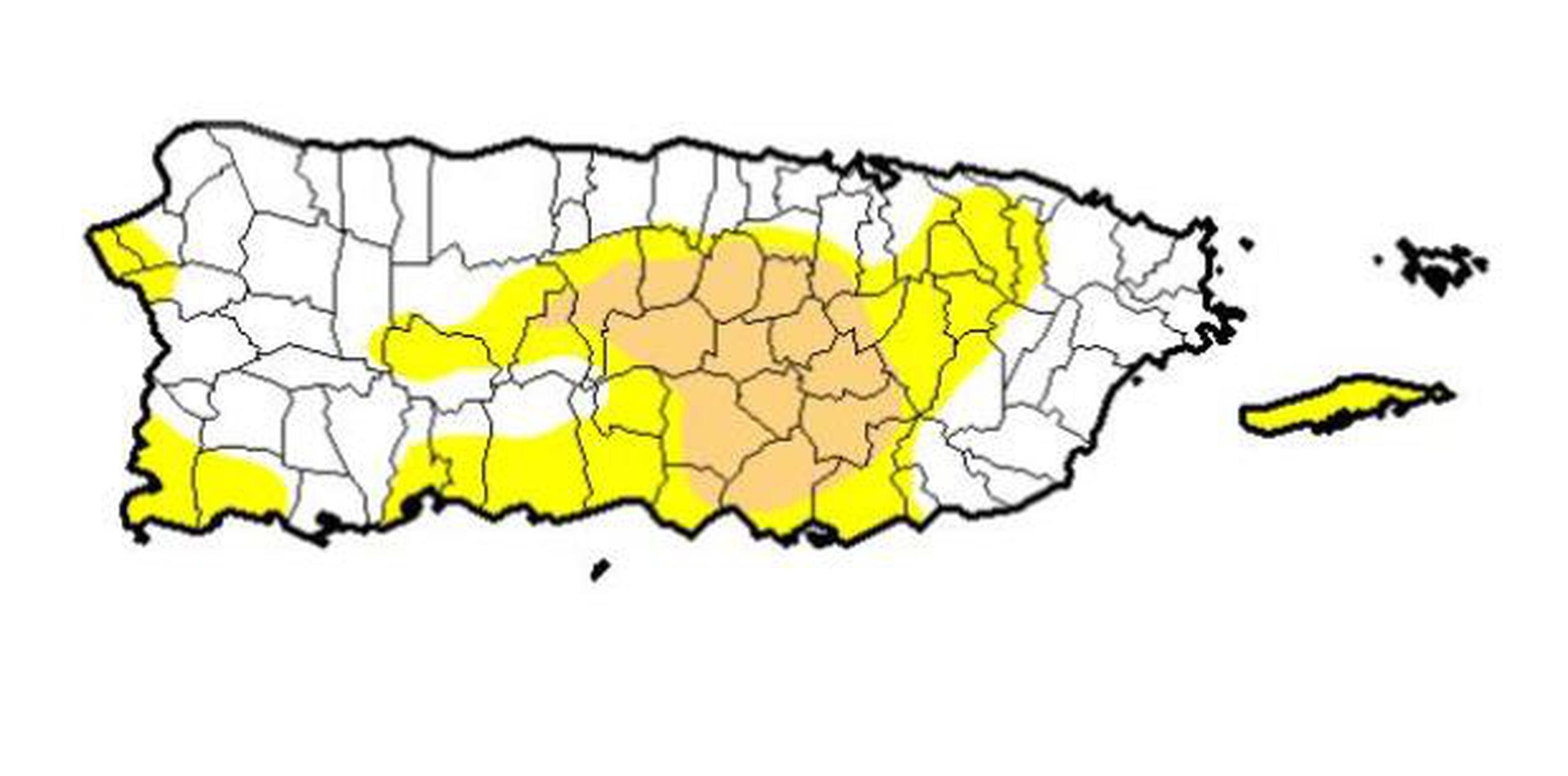 Las áreas en amarillo se encuentran en sequía atípica y la zona crema representa la sequía moderada. (Captura / Monitor de Sequía)
