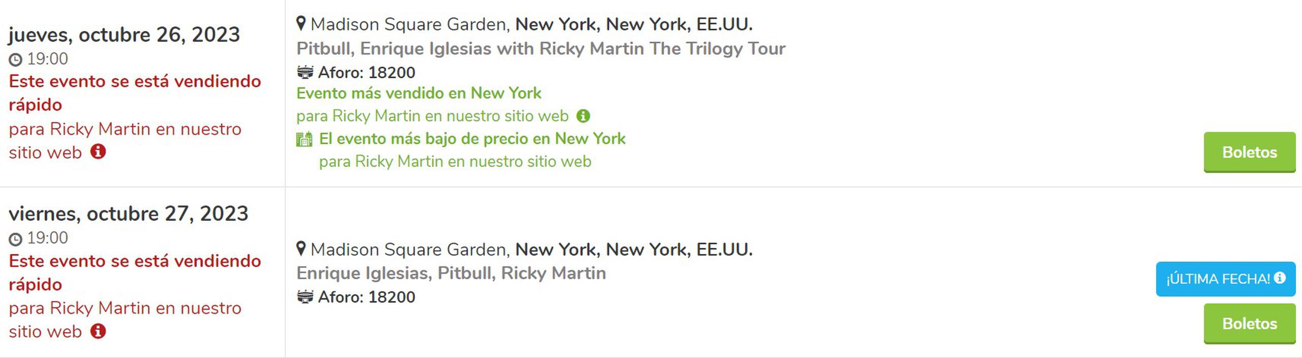 Captura que establece que para las fechas del 26 y 27 de octubre Ricky Martin estará en un concierto en Nueva York junto a Pitbull y Enrique Iglesias.