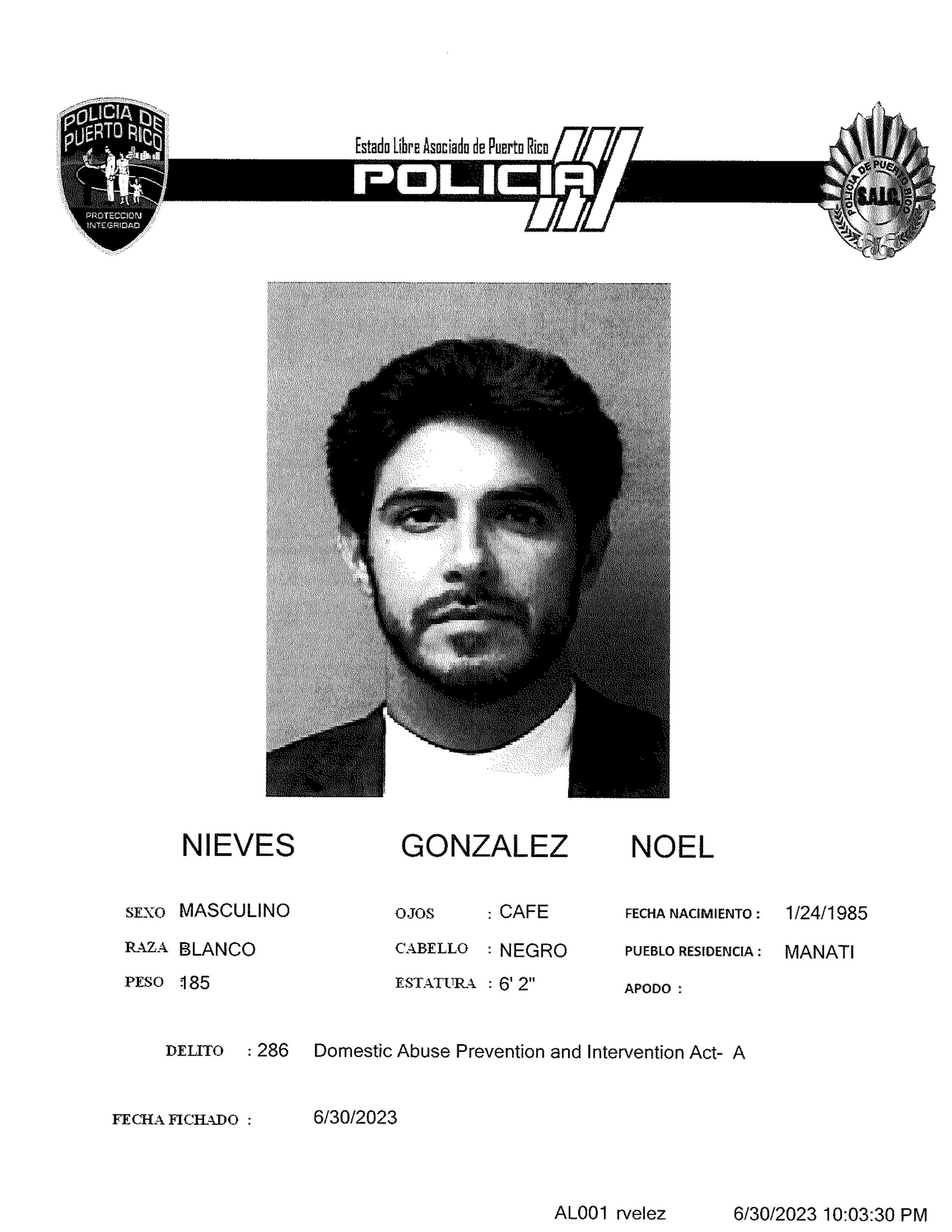Ficha de Roberto Nieves González, quien enfrenta dos cargos por violaciones a la Ley 54 de Violencia Doméstica.