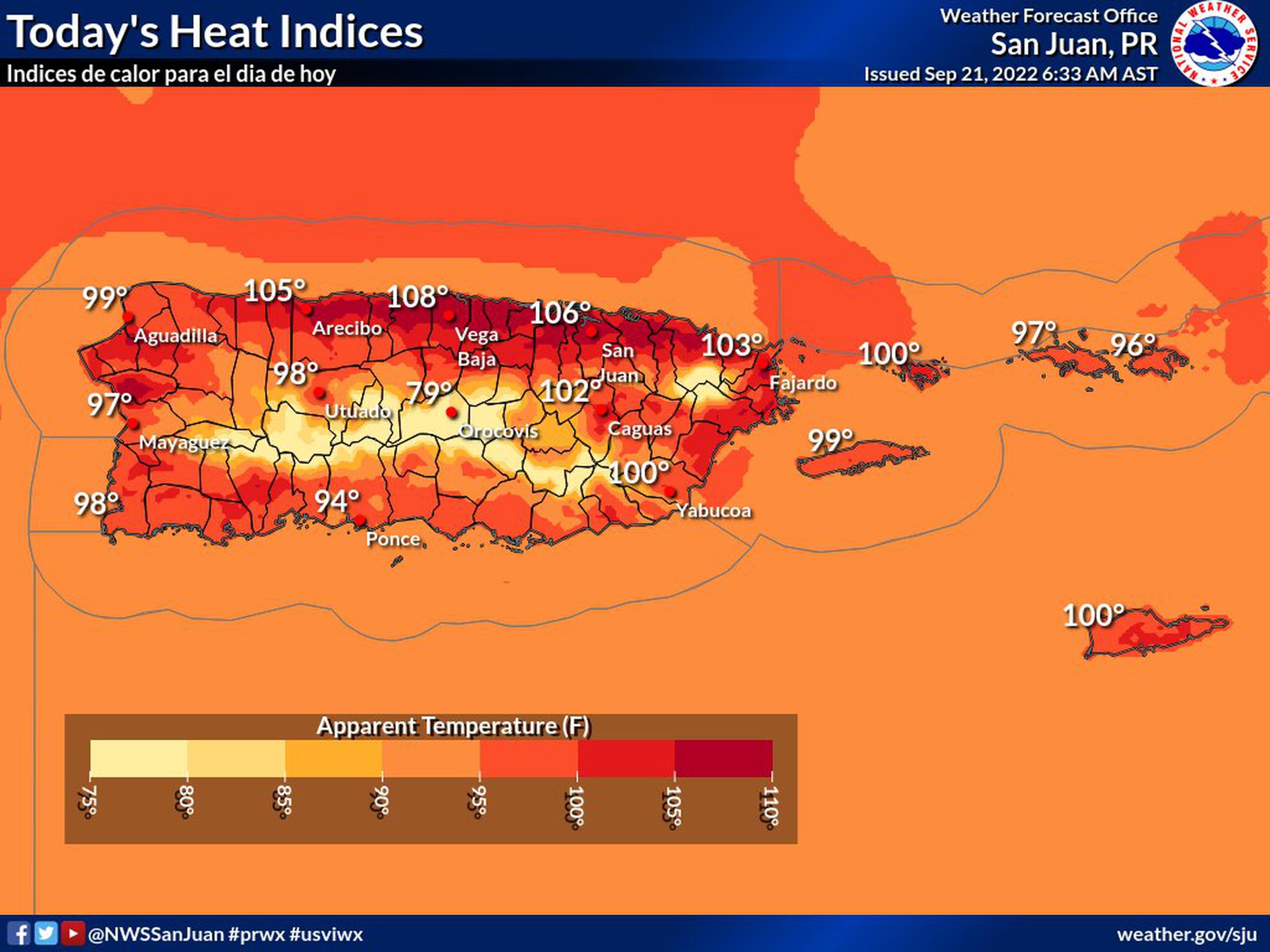 Mapa que muestra las posibles sensaciones térmicas (índices de calor) que podrían registrarse este miércoles, 21 de septiembre, en Puerto Rico.