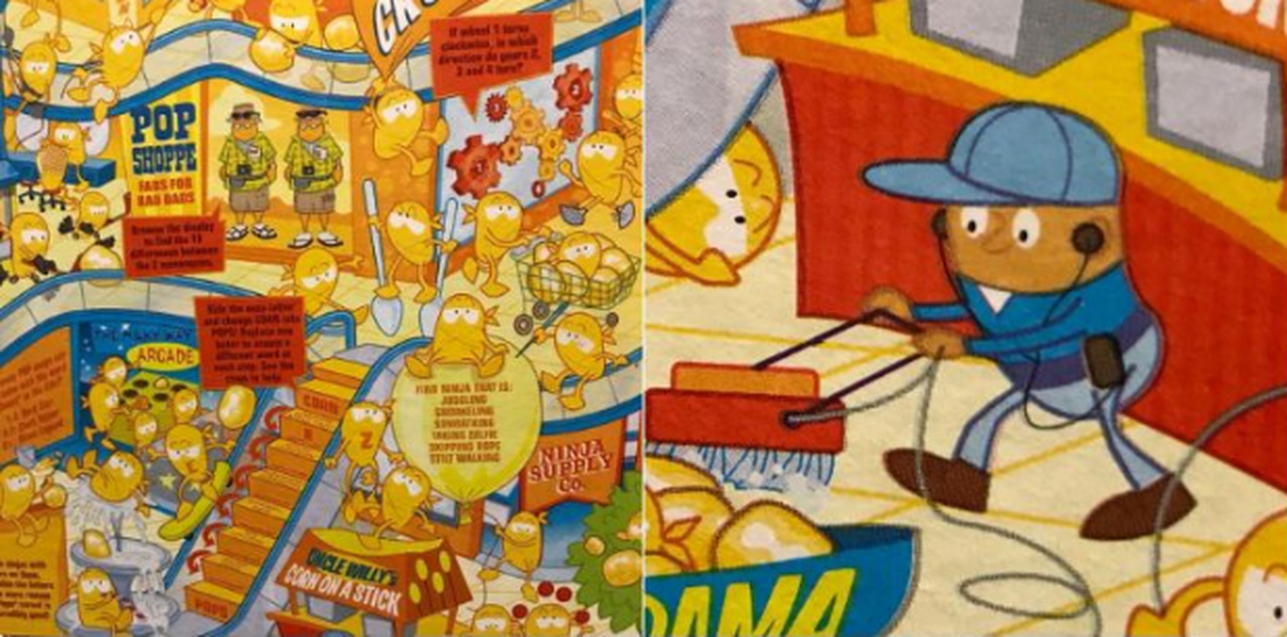 La caja de cereal muestra unas caricaturas de Corn Pops en un centro comercial. 
 (Twitter)