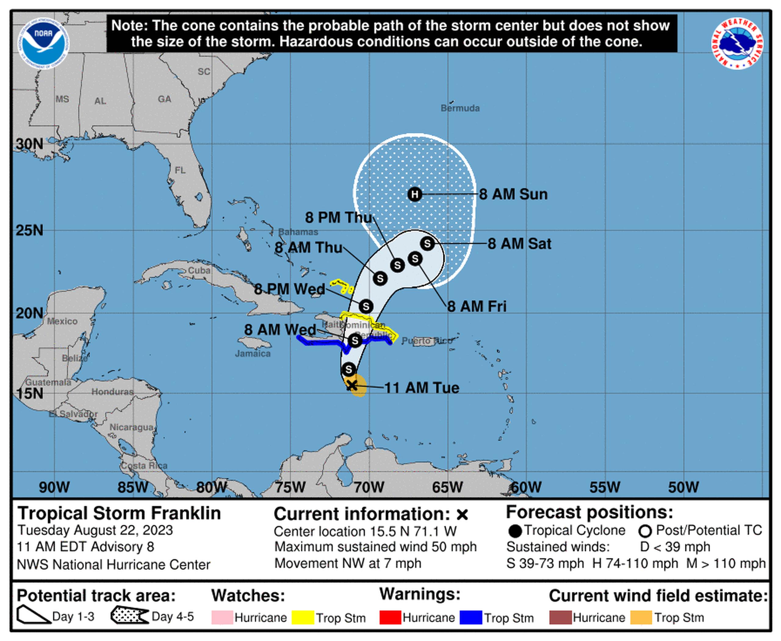 Pronóstico de la tormenta tropical Franklin emitido a las 11:00 de la mañana del 22 de agosto de 2023.