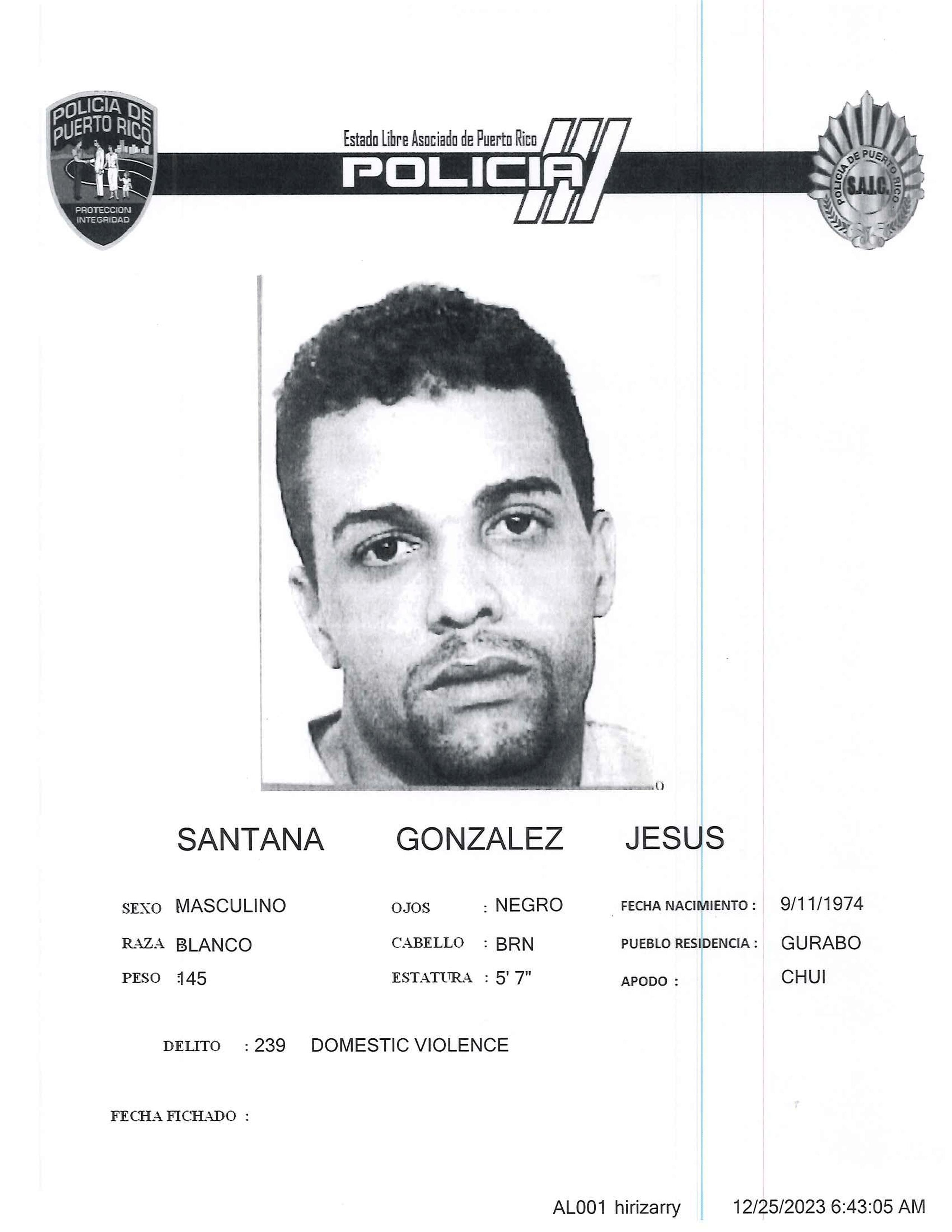 Ficha policial del occiso, Jesús Manuel Santana González, apodado "Chui".