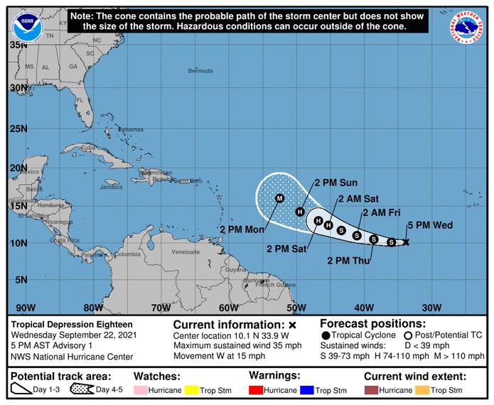 Ruta de la recién formada depresión tropical 18. (NOAA)