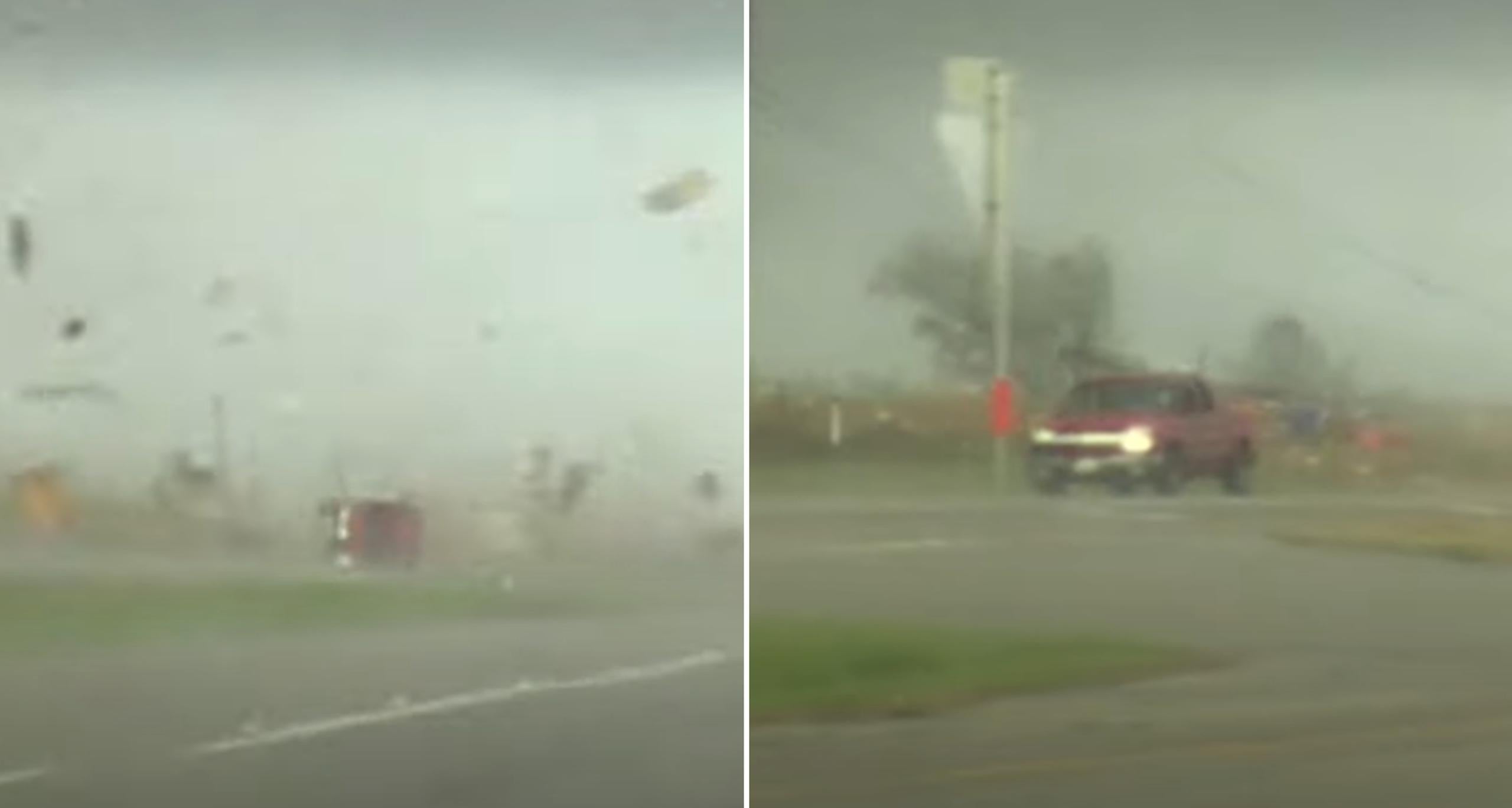 Imágenes de la guagua que se volcó y después siguió su rumbo en medio de un tornado en Texas el 21 de marzo de 2022.