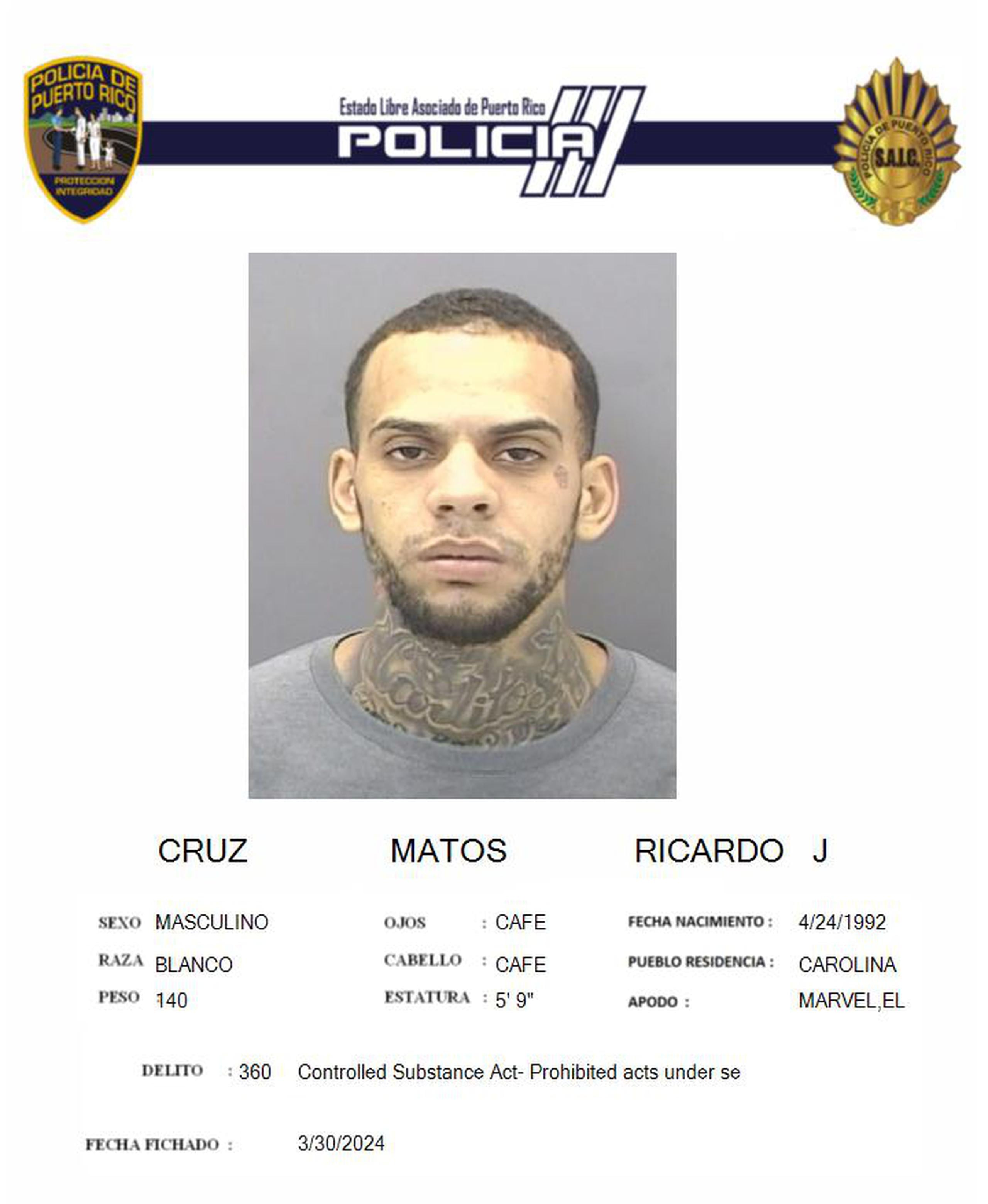 Ricardo J. Cruz Matos, conocido como Marvel Boy, fue acusado de dos cargos por violación a la Ley de Sustancias Controladas.