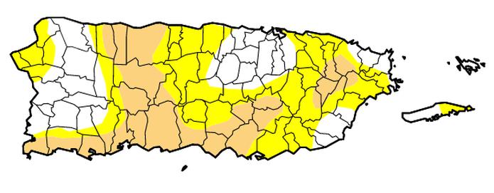 Mapa publicado por el Monitor de Sequía de los Estados Unidos en el que se ven los pueblos en crema bajo sequía moderado y en amarillo bajo sequía anómala.