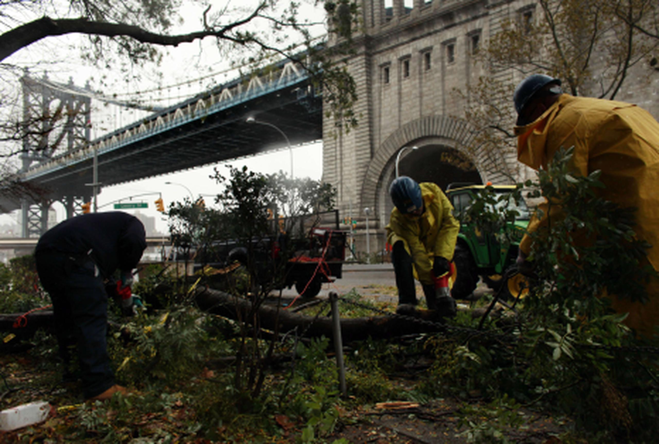 La tormenta Sandy azotó Nueva York el lunes y ocasionó grandes destrozos, pero los organizadores del maratón insisten que tienen suficiente tiempo antes de la carrera del domingo para preparar la ruta y que los participantes lleguen a la ciudad. (AFP/Allison Joyce)