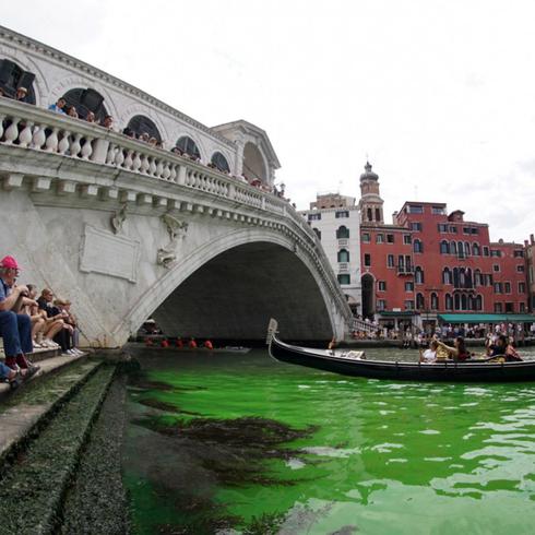 Revuelo en los canales de Venecia por el color verde fluorescente