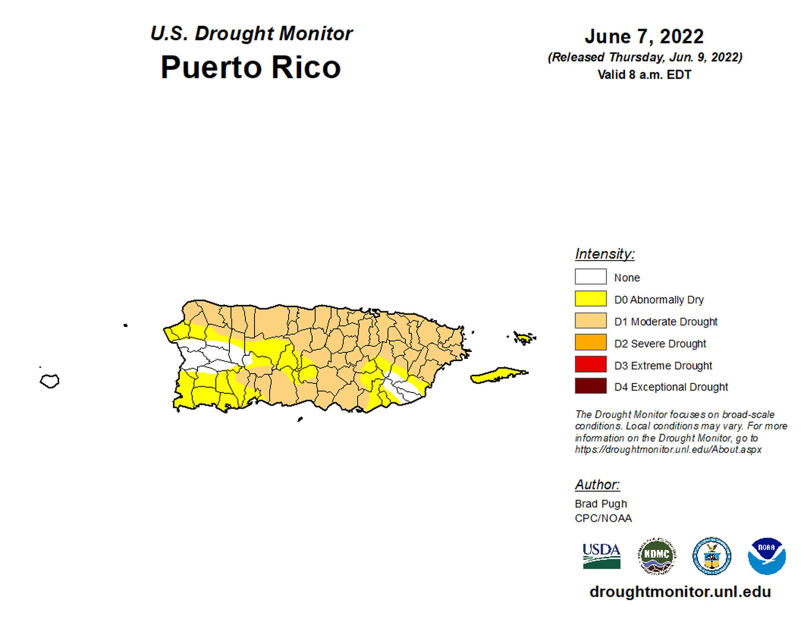 Mapa de la sequía en Puerto Rico publicado el 9 de junio de 2022 con datos del 7 de junio de 2022.