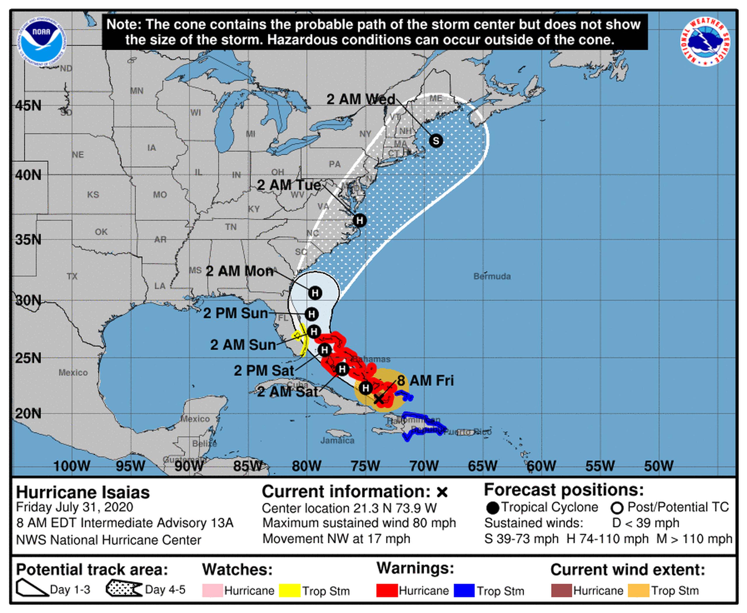 Pronóstico del huracán Isaías emitido a las 8:00 de la mañana.